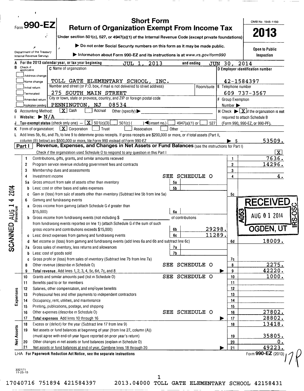 Image of first page of 2013 Form 990EZ for Toll Gate Elementary School