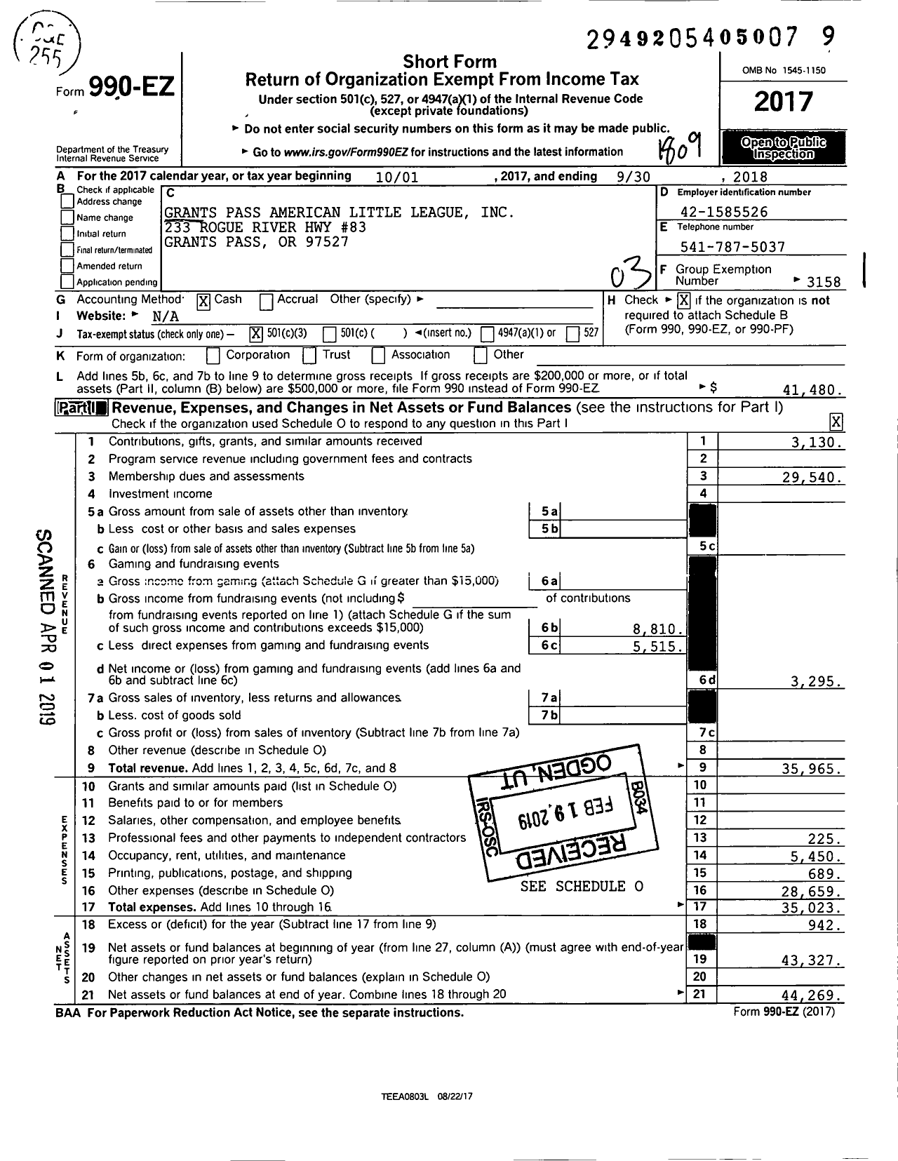 Image of first page of 2017 Form 990EZ for Little League Baseball - 4370808 Grants Pass American LL