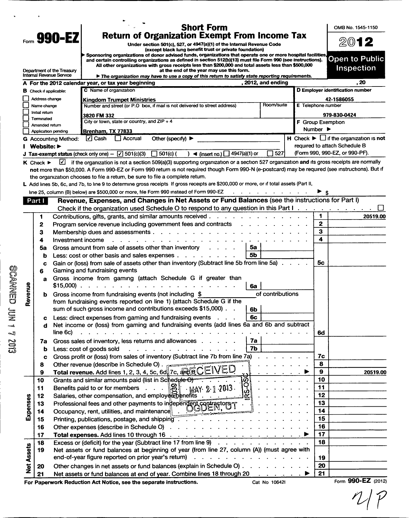 Image of first page of 2012 Form 990EZ for Kingdom Trumpet Ministries