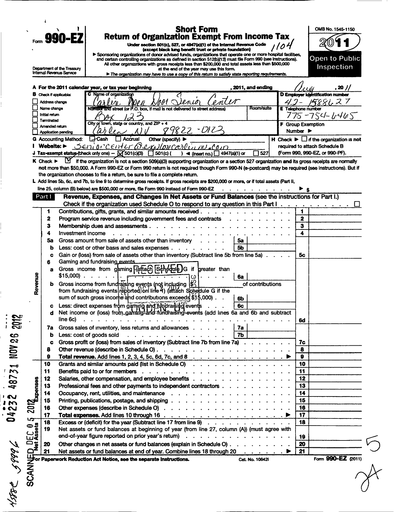 Image of first page of 2010 Form 990EZ for Carlin Open Door Senior Citizens Center