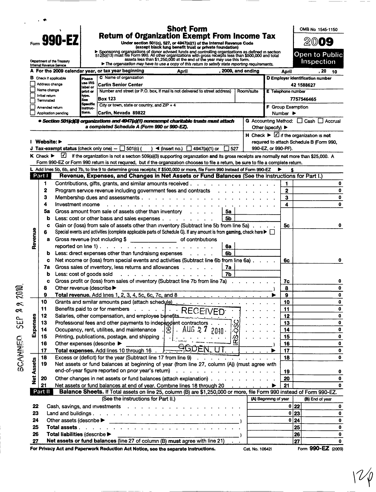 Image of first page of 2009 Form 990EO for Carlin Open Door Senior Citizens Center