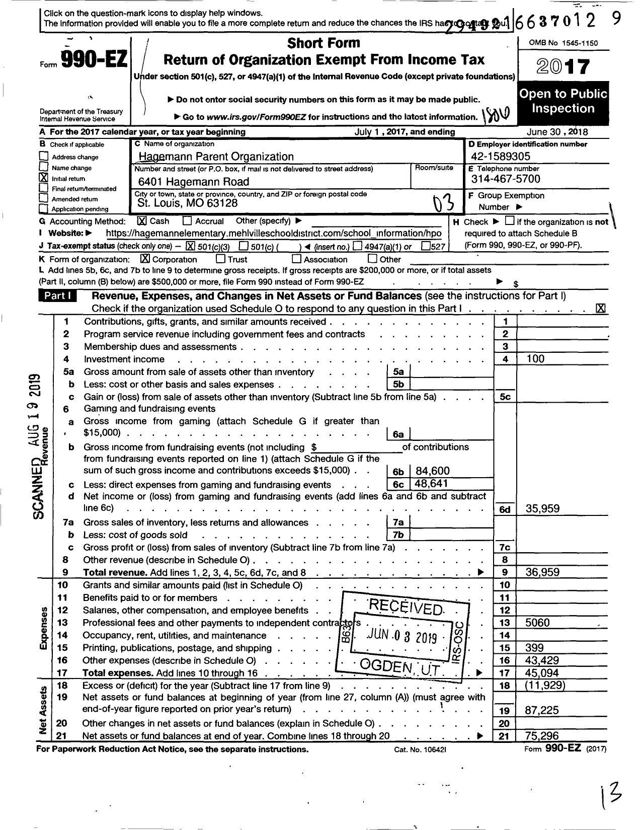 Image of first page of 2017 Form 990EZ for Hagemann Parent Organization