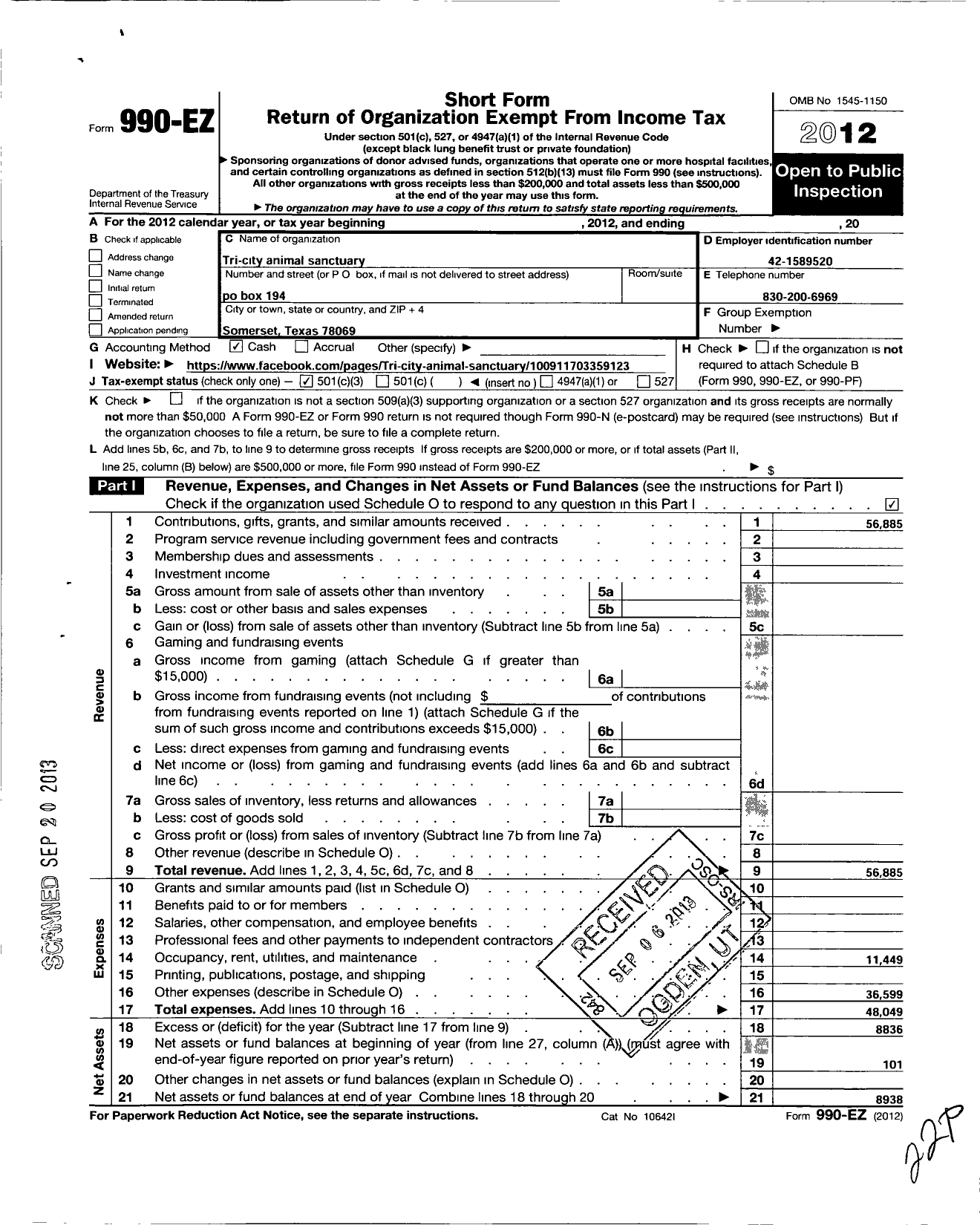 Image of first page of 2012 Form 990EZ for Tri City Animal Sanctuary