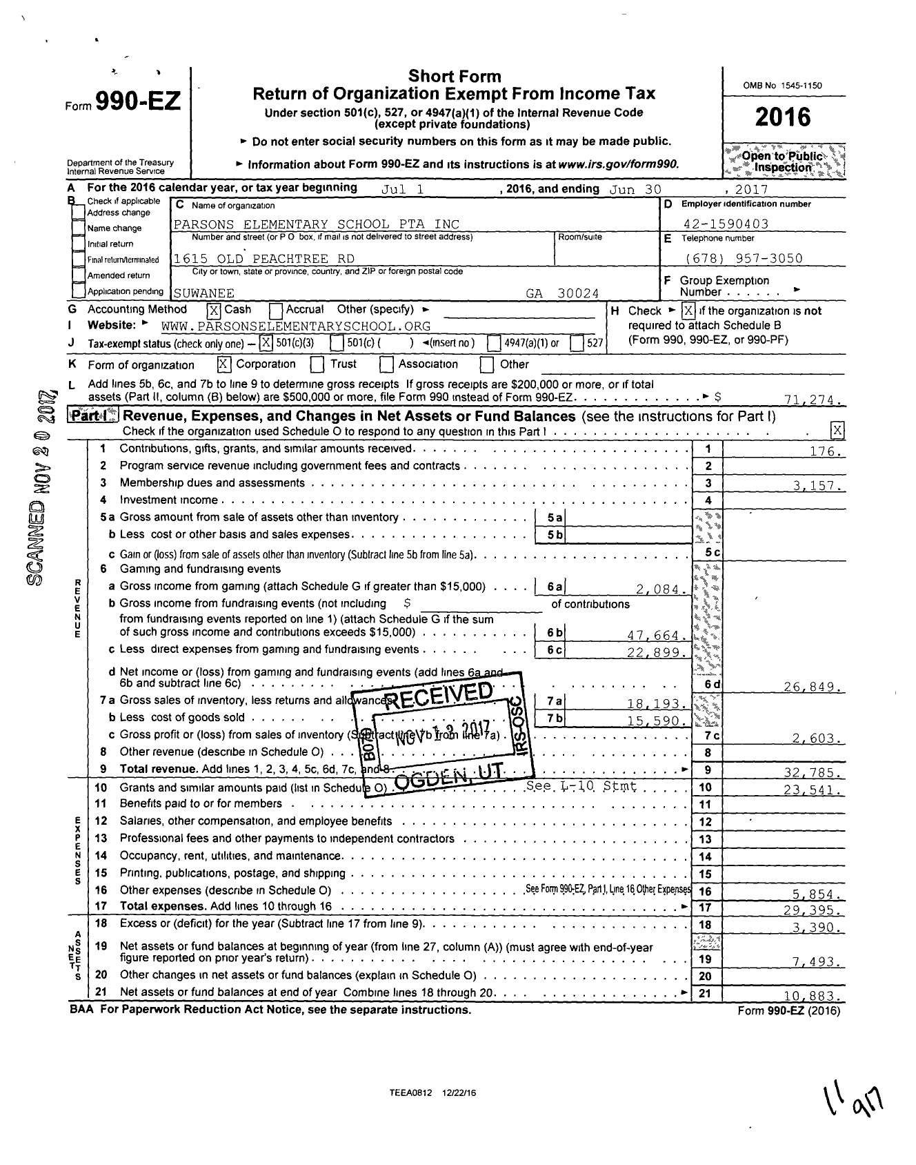 Image of first page of 2016 Form 990EZ for Georgia PTA - Parsons Elementary PTA