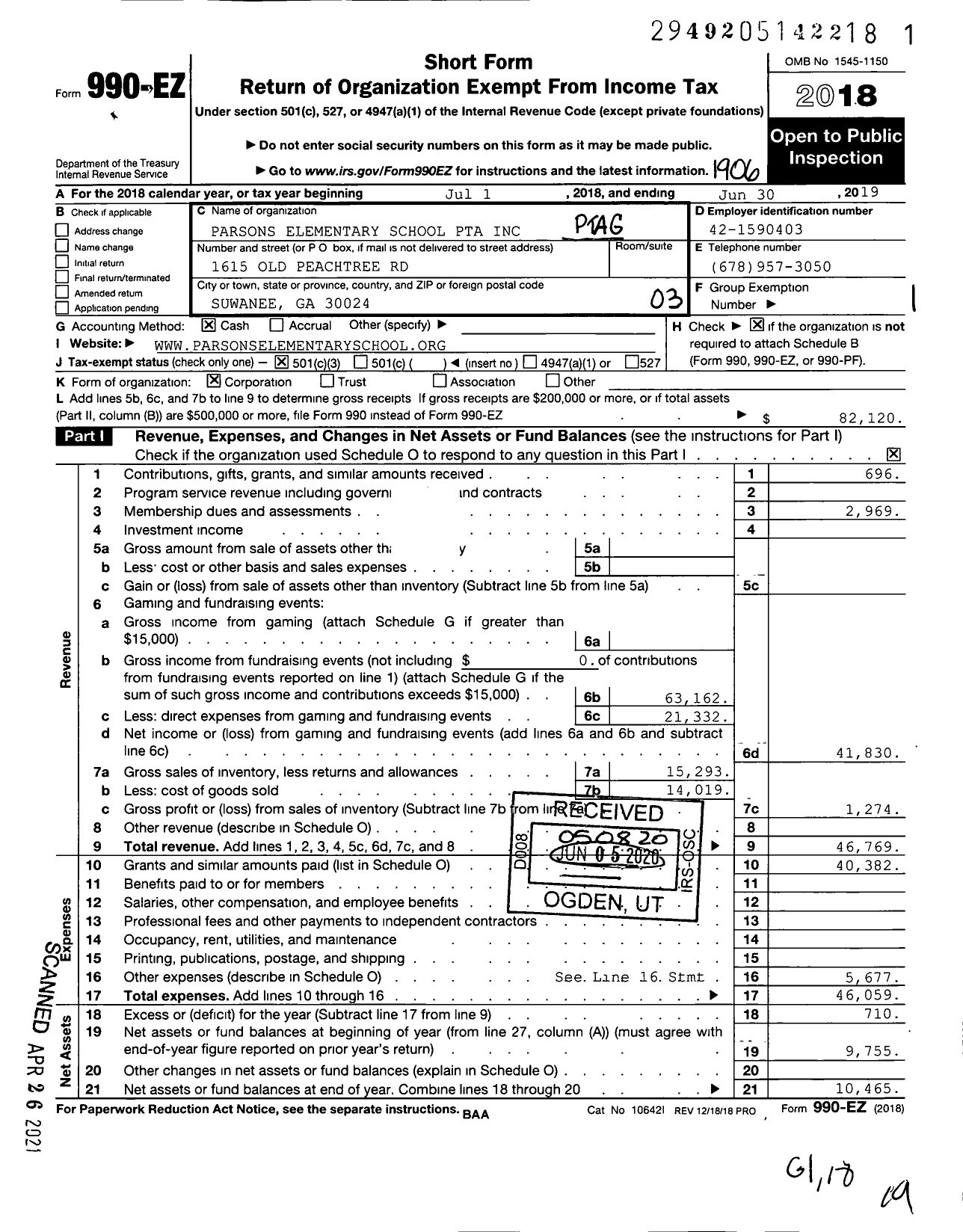 Image of first page of 2018 Form 990EZ for Georgia PTA - Parsons Elementary PTA