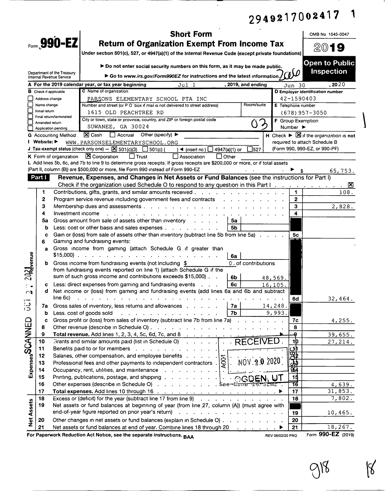 Image of first page of 2019 Form 990EZ for Georgia PTA - Parsons Elementary PTA