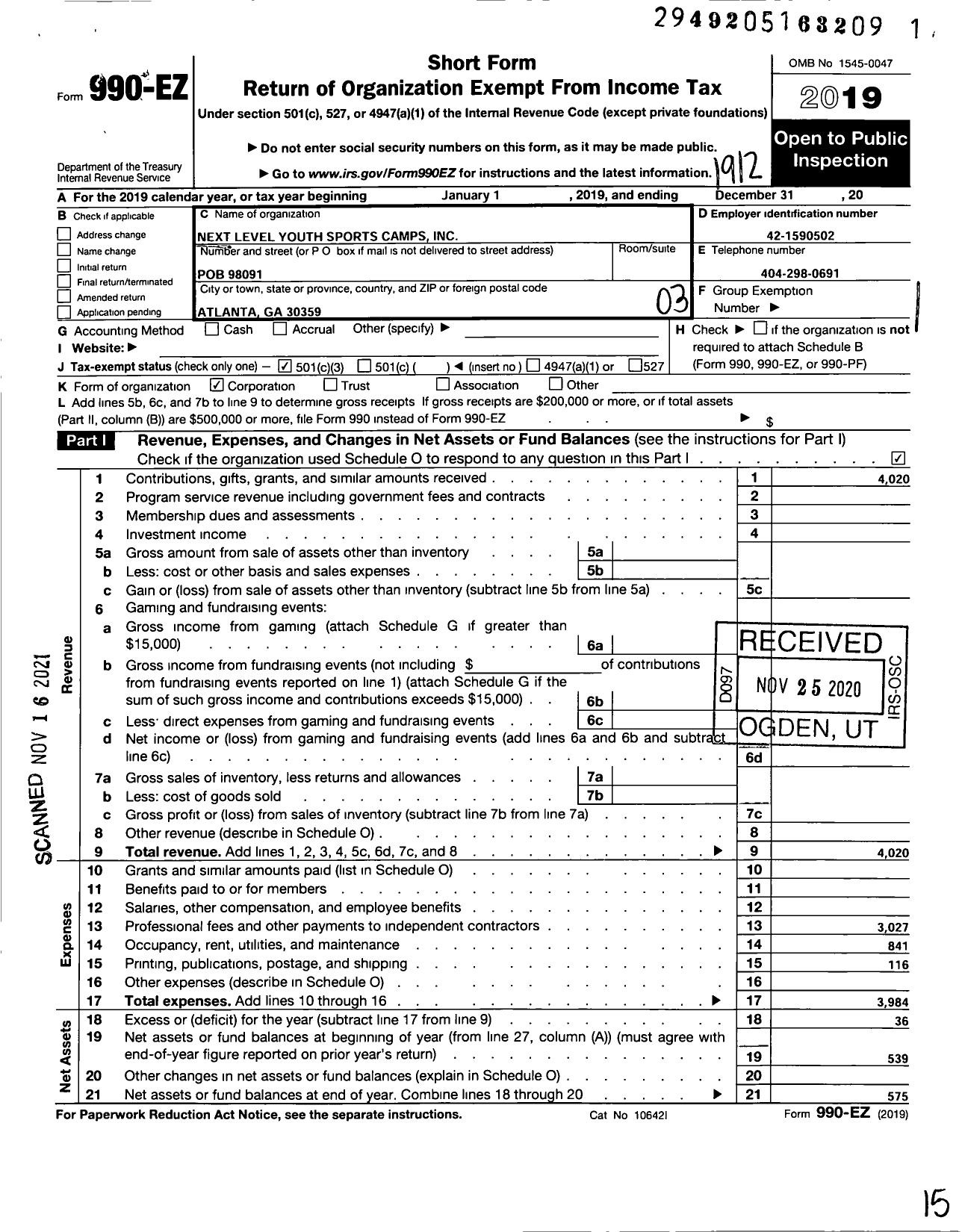 Image of first page of 2019 Form 990EZ for Next Level Youth Sports Camps