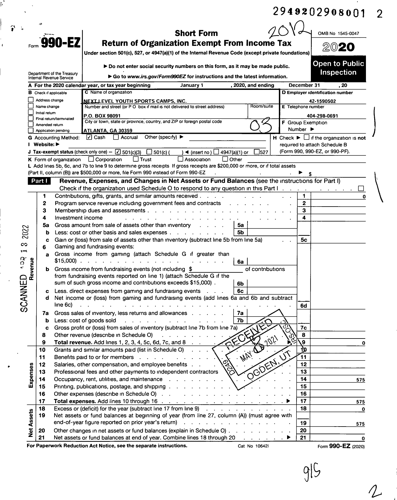 Image of first page of 2020 Form 990EZ for Next Level Youth Sports Camps