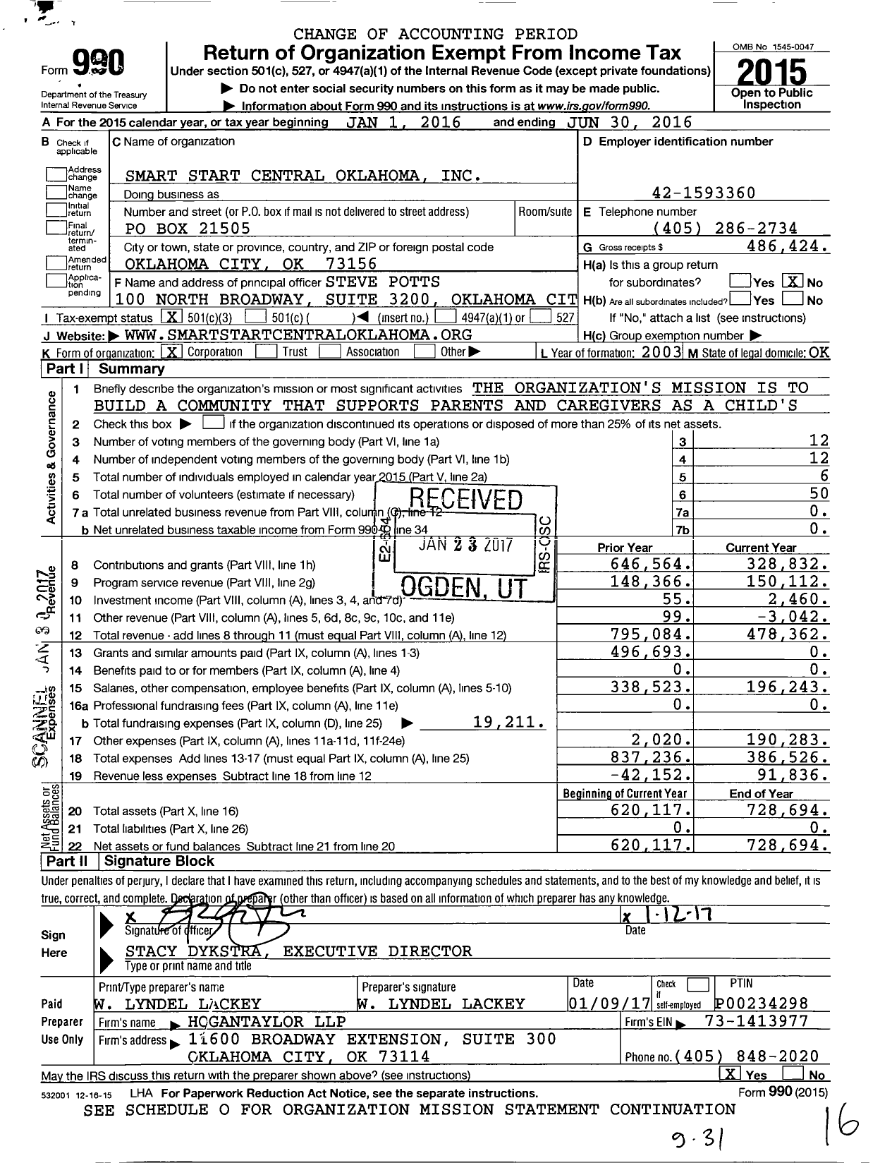 Image of first page of 2015 Form 990 for Smart Start Central Oklahoma