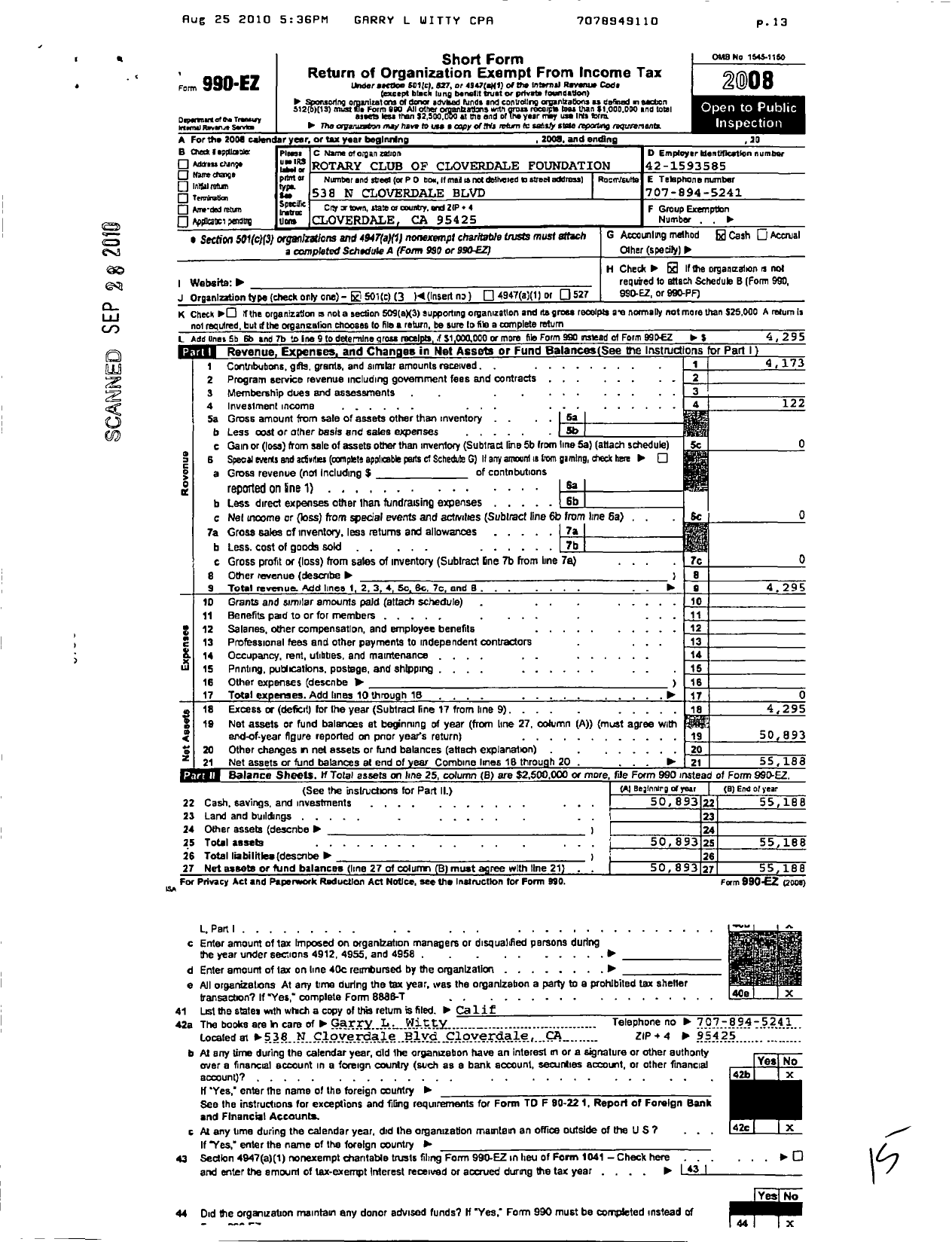 Image of first page of 2008 Form 990EZ for The Rotary Club of Cloverdale Foundation