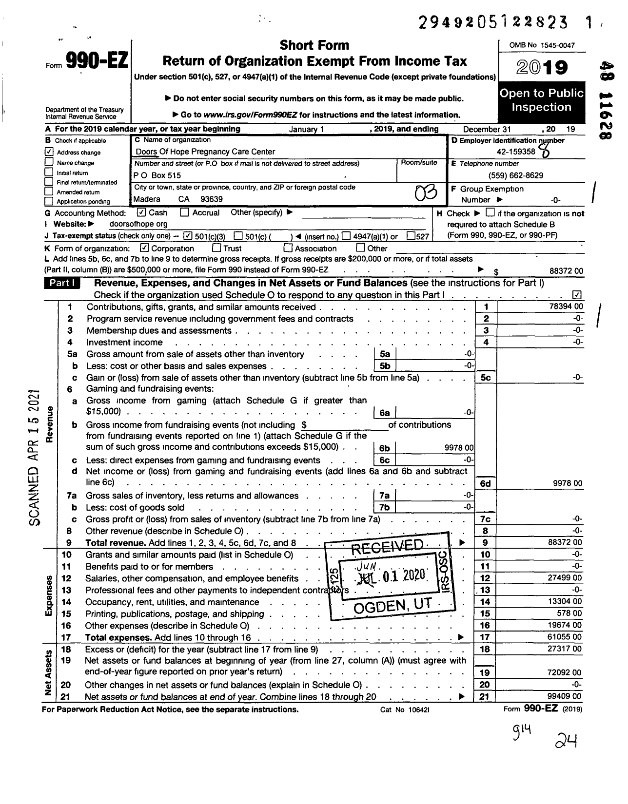 Image of first page of 2019 Form 990EZ for Doors of Hope Pregnancy Care Center