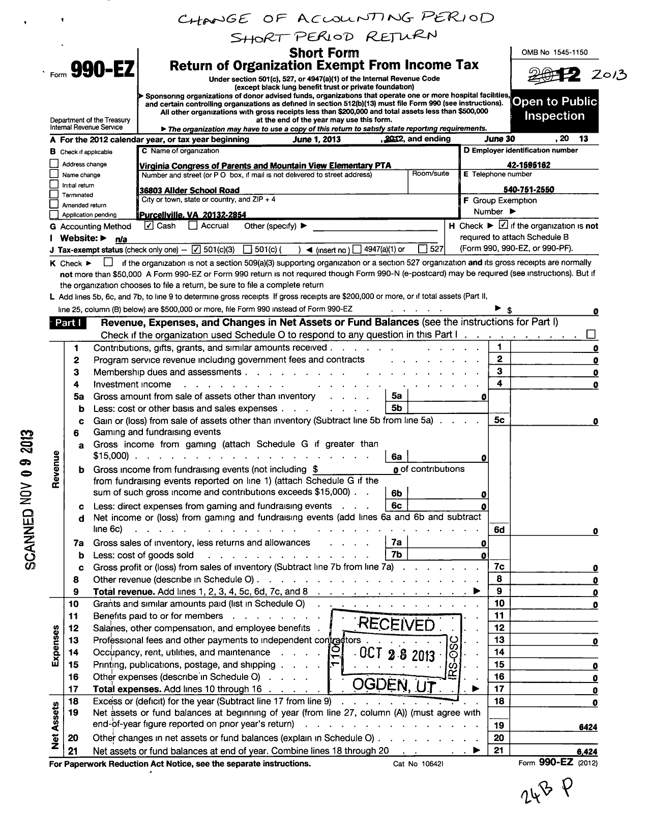 Image of first page of 2012 Form 990EZ for Virginia PTA - Mountain View Elementary PTA