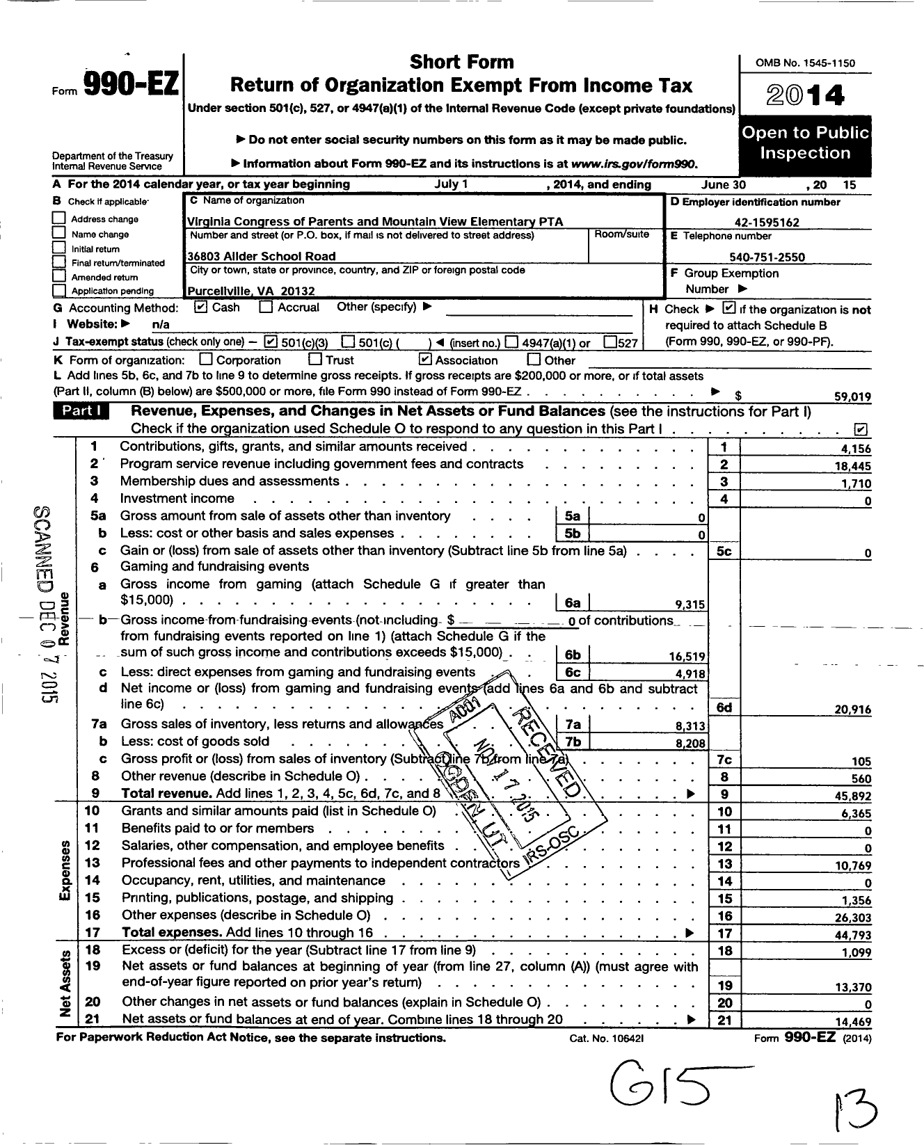 Image of first page of 2014 Form 990EZ for Virginia PTA - Mountain View Elementary PTA