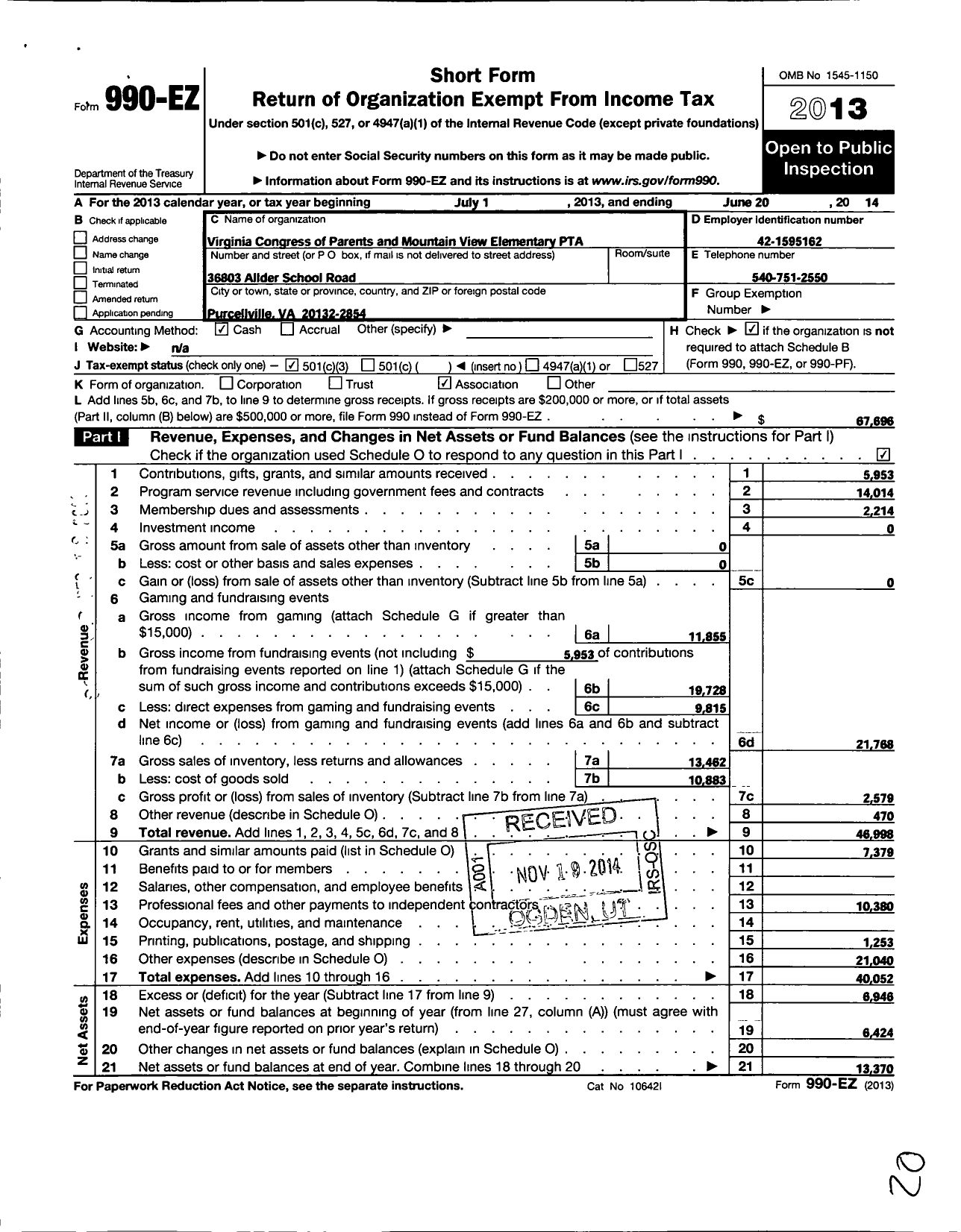 Image of first page of 2013 Form 990EZ for Virginia PTA - Mountain View Elementary PTA