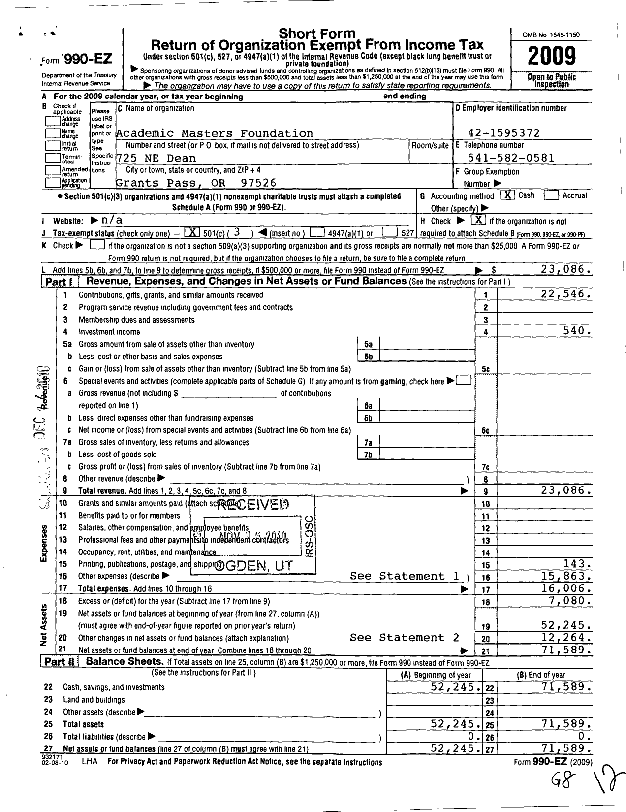 Image of first page of 2009 Form 990EZ for Academic Masters Foundation