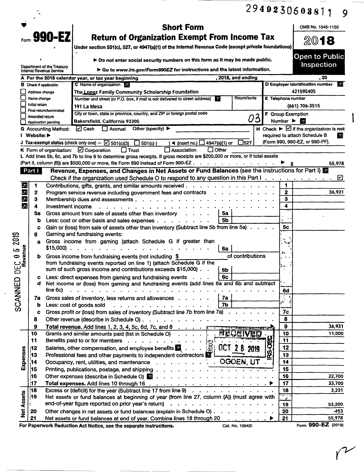 Image of first page of 2018 Form 990EZ for Lopez Family Community Scholarship Foundation