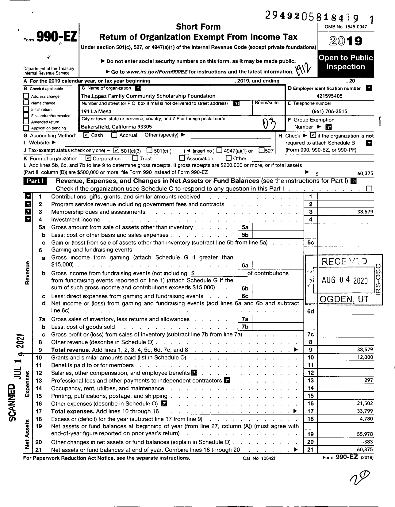 Image of first page of 2019 Form 990EZ for Lopez Family Community Scholarship Foundation