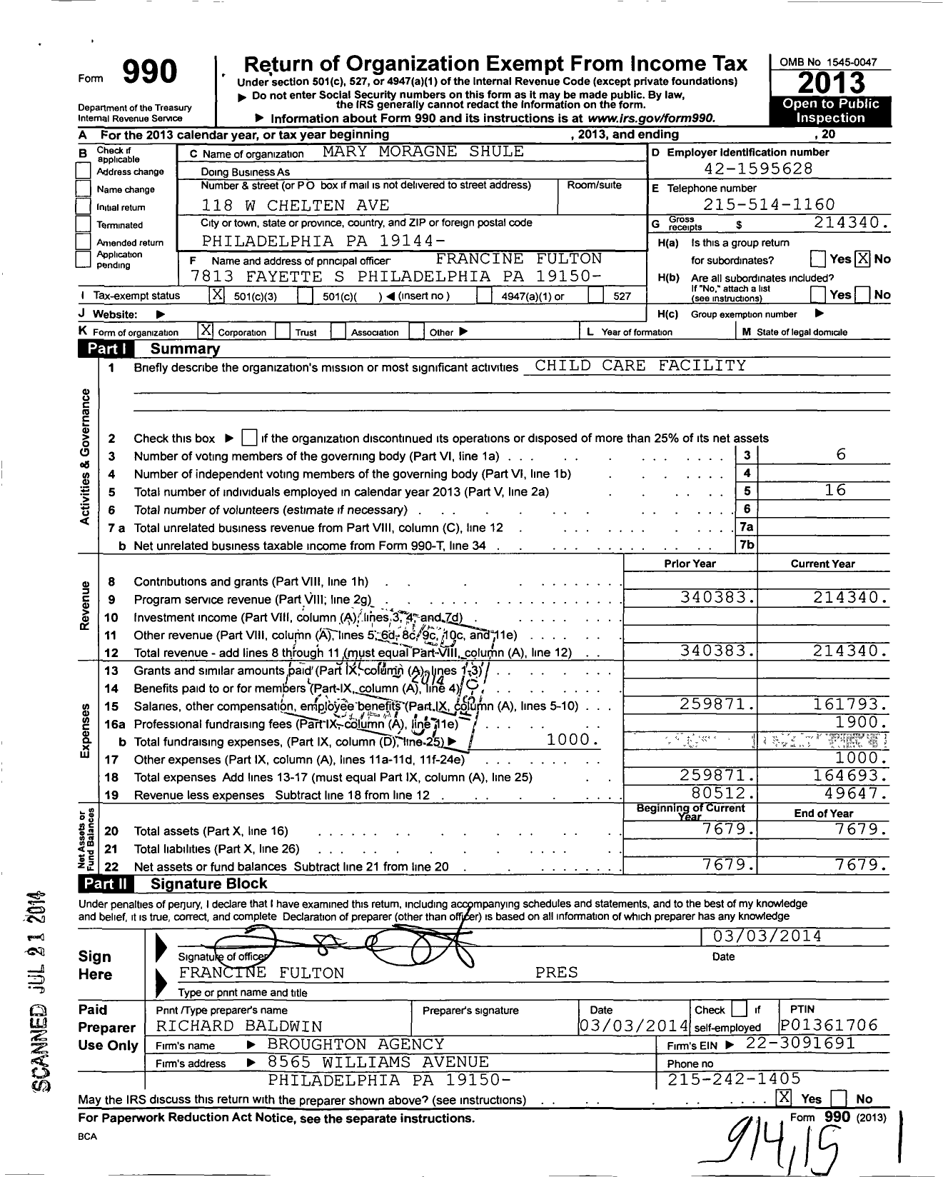 Image of first page of 2013 Form 990 for Mary Moragne Shule