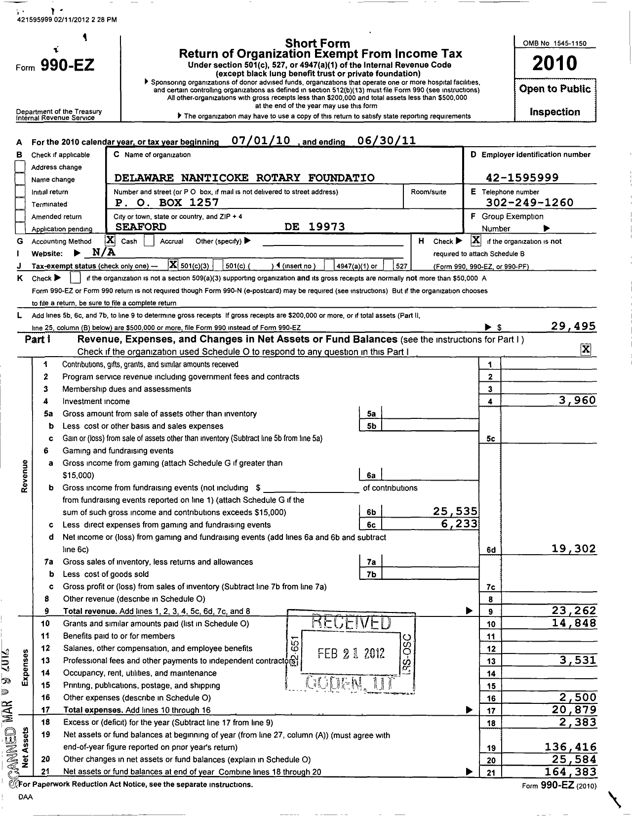 Image of first page of 2010 Form 990EZ for Delaware Nanticoke Rotary Foundation