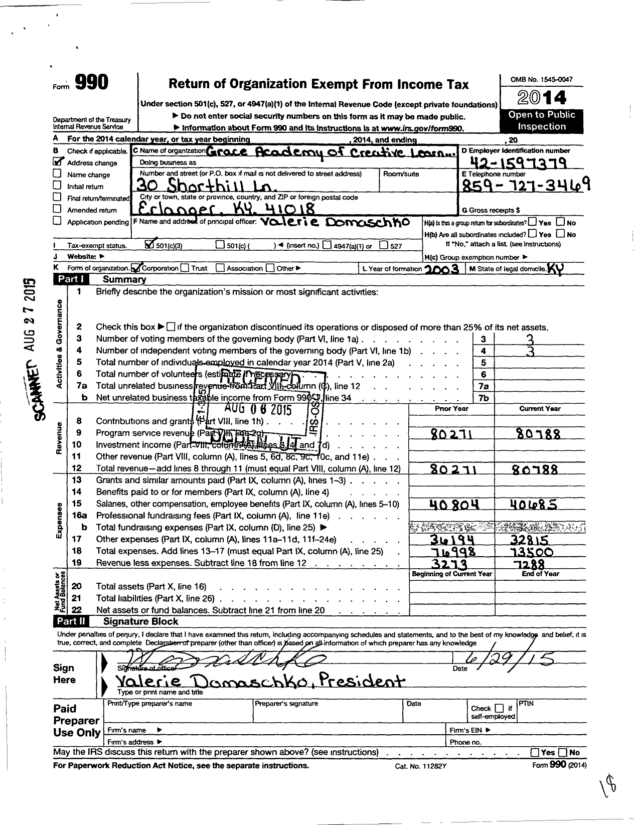 Image of first page of 2014 Form 990 for Grace Academy of Creative Learning