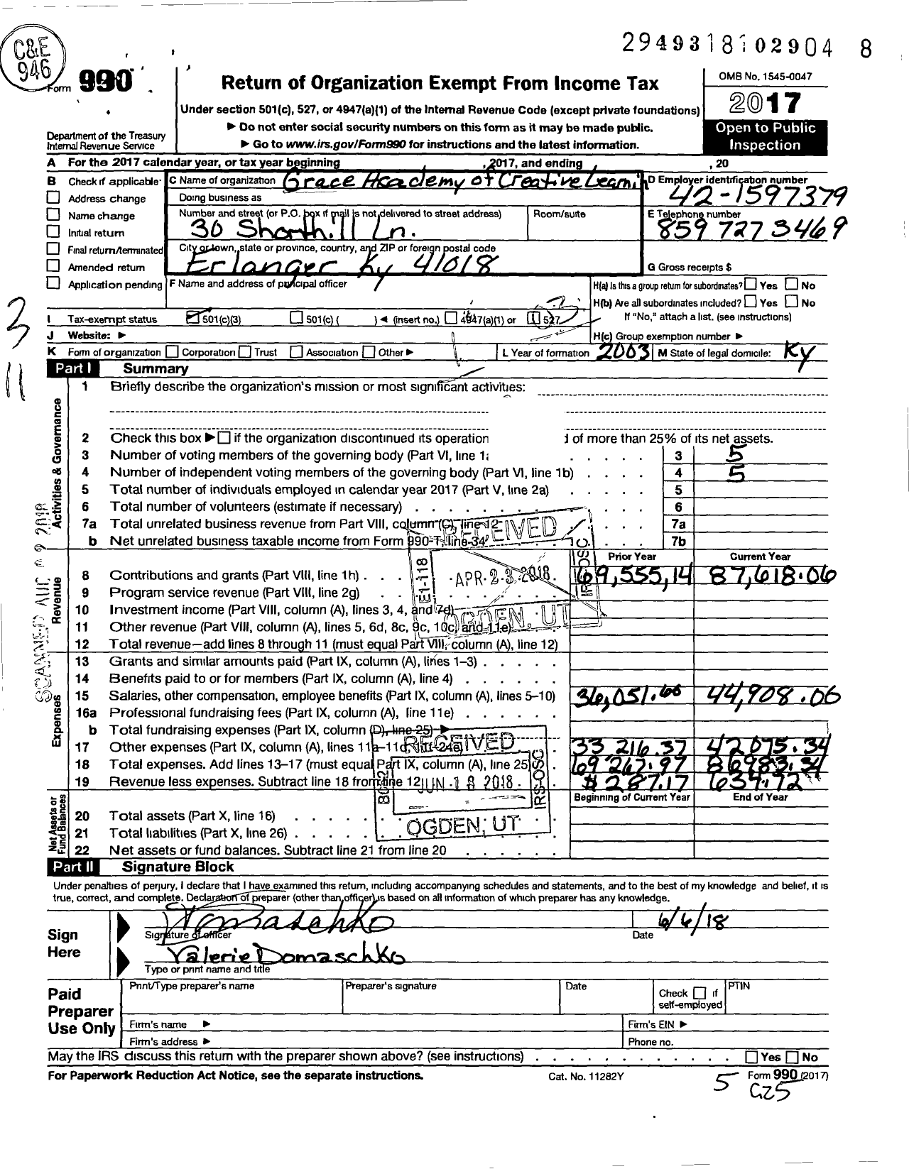 Image of first page of 2017 Form 990 for Grace Academy of Creative Learning