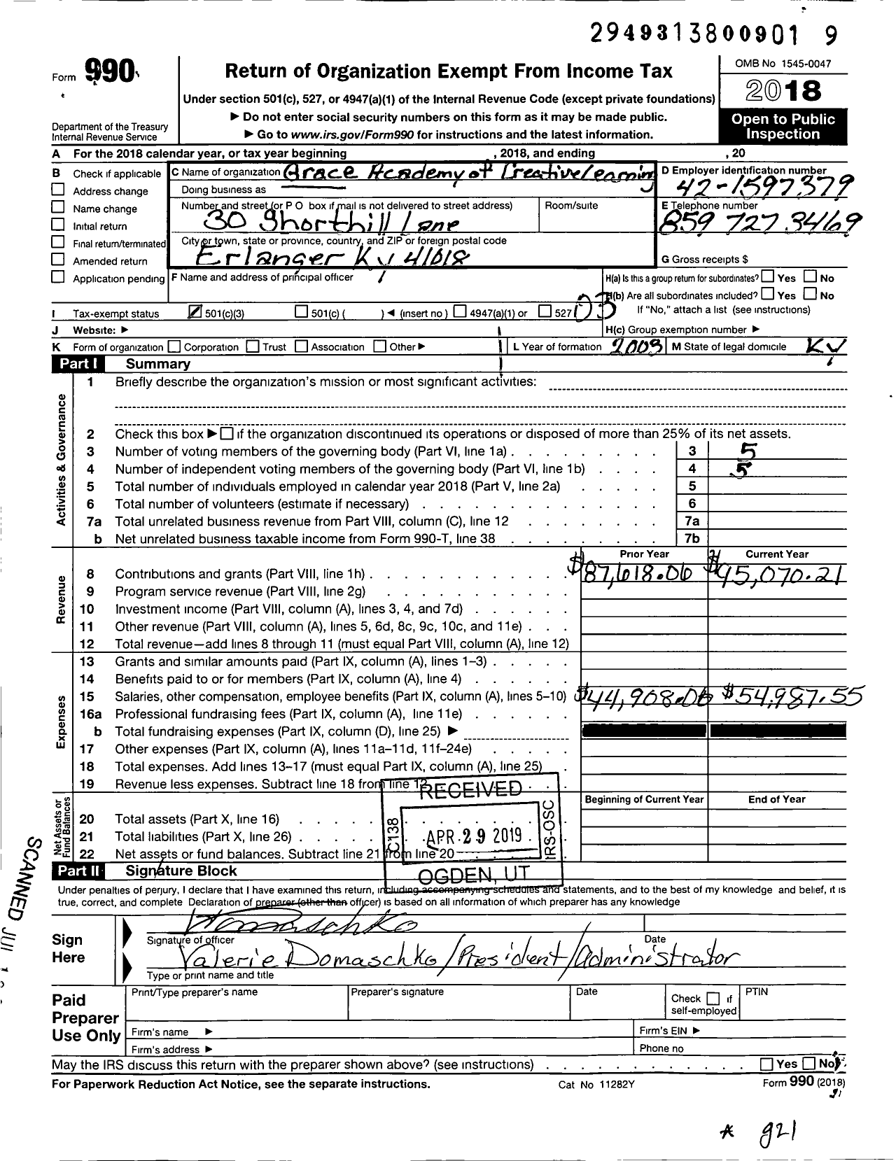 Image of first page of 2018 Form 990 for Grace Academy of Creative Learning