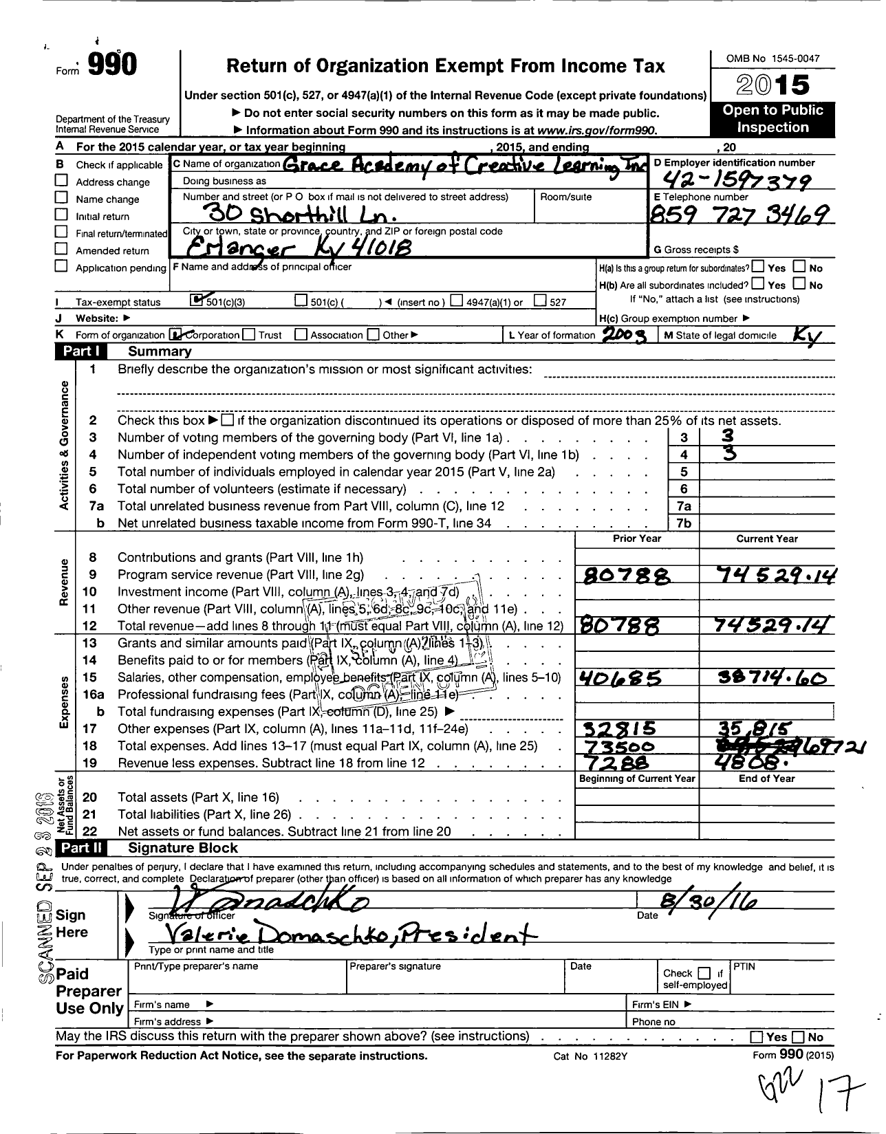 Image of first page of 2015 Form 990 for Grace Academy of Creative Learning