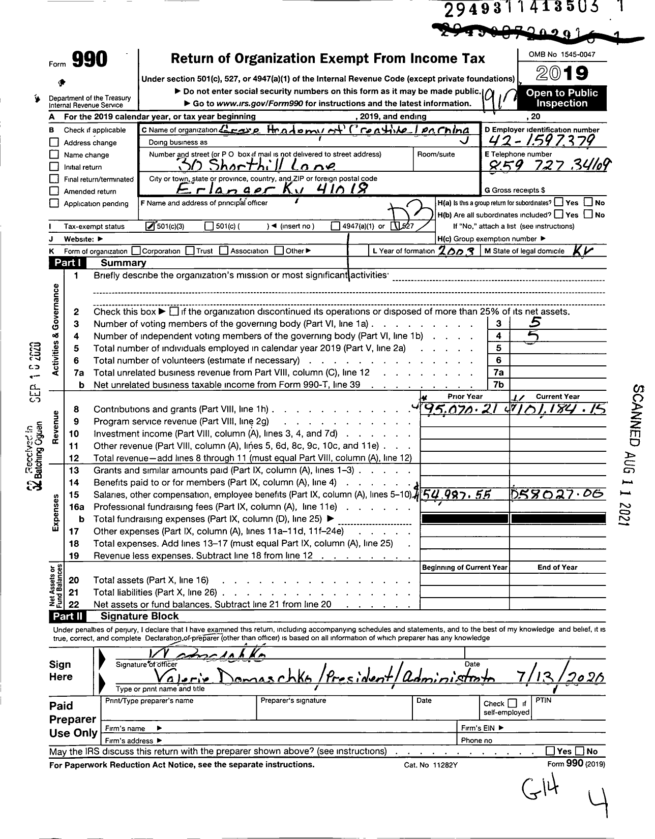 Image of first page of 2019 Form 990 for Grace Academy of Creative Learning