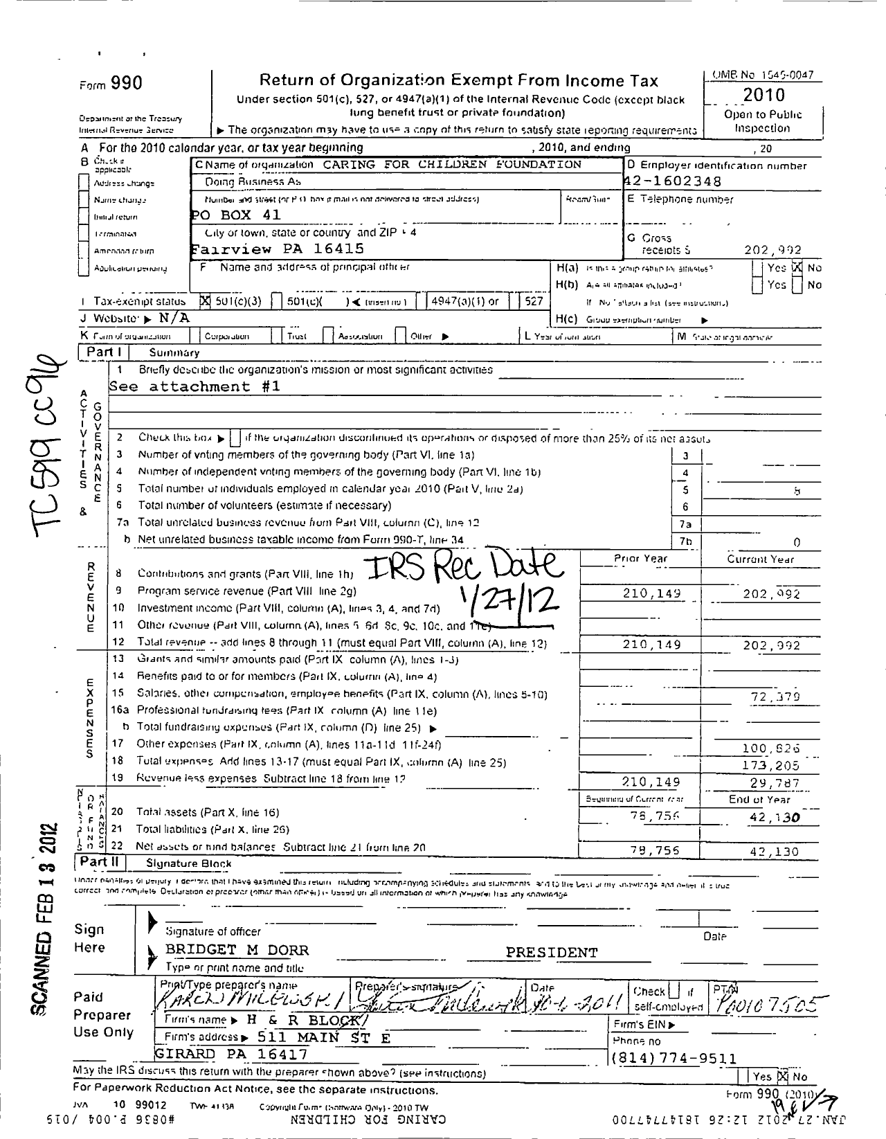 Image of first page of 2010 Form 990 for Caring for Children Foundation