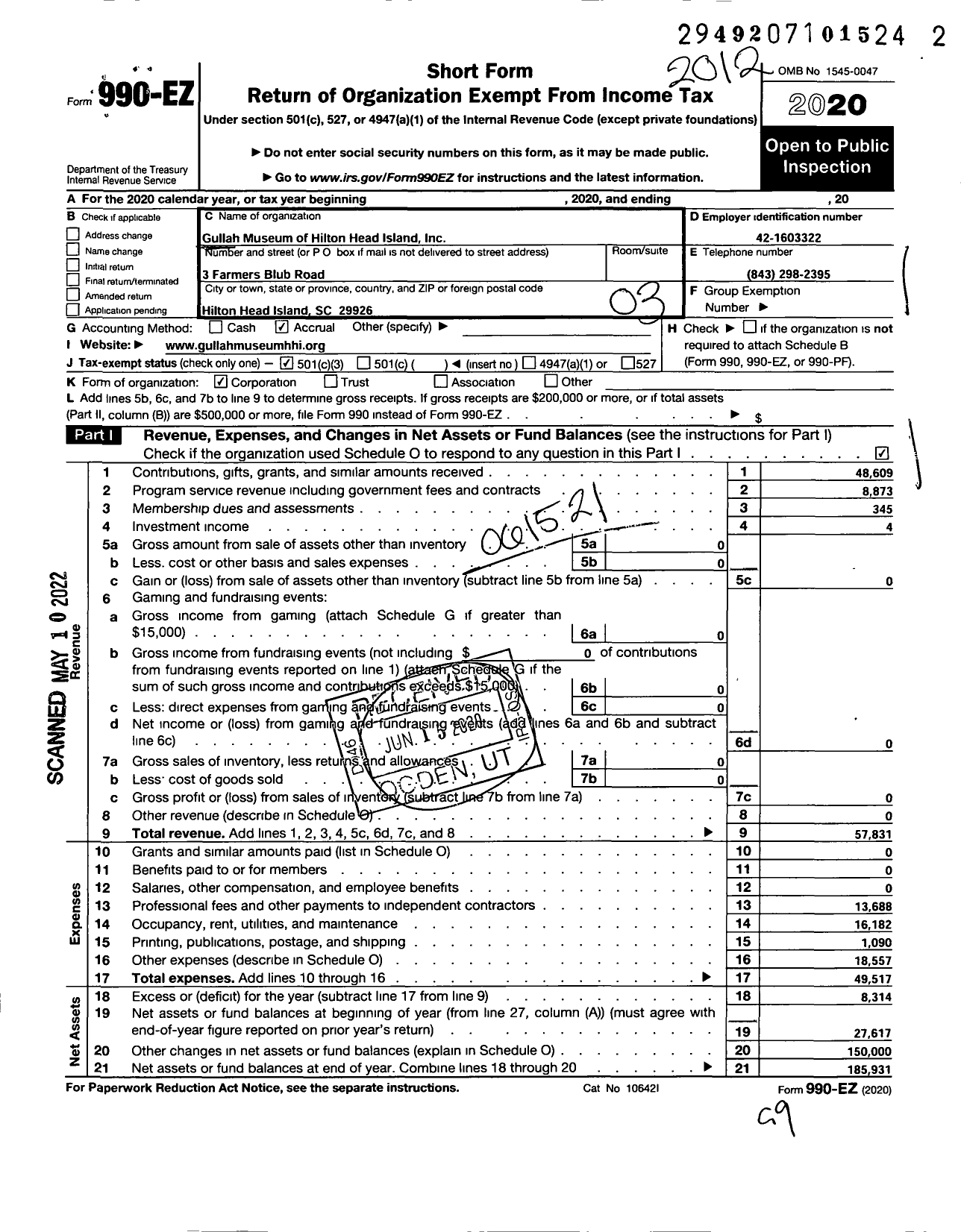 Image of first page of 2020 Form 990EZ for Gullah Museum of Hilton Head Island