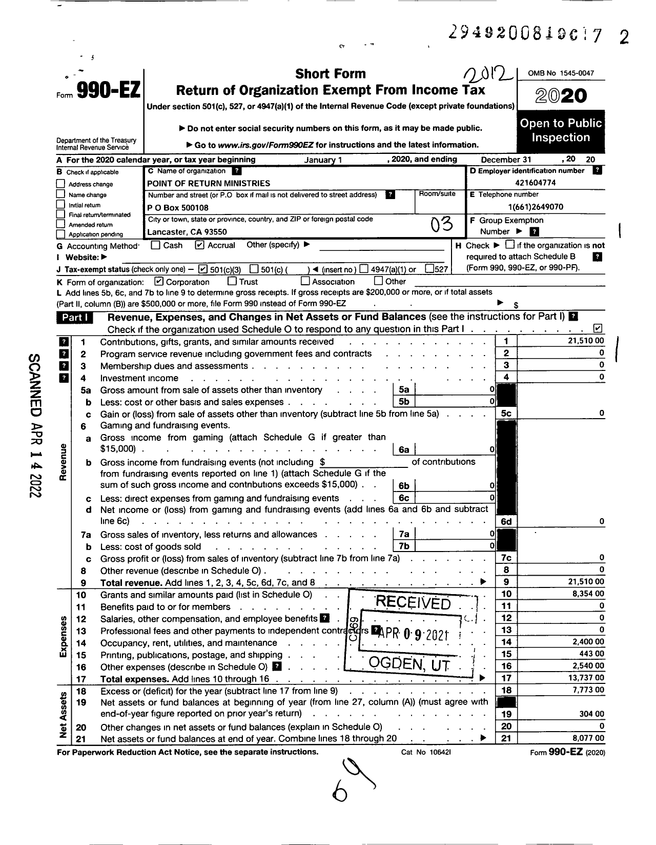 Image of first page of 2020 Form 990EZ for Point of Return Ministries Point of Return Ministries