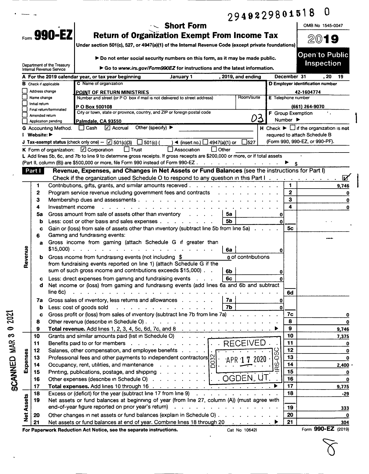 Image of first page of 2019 Form 990EZ for Point of Return Ministries Point of Return Ministries