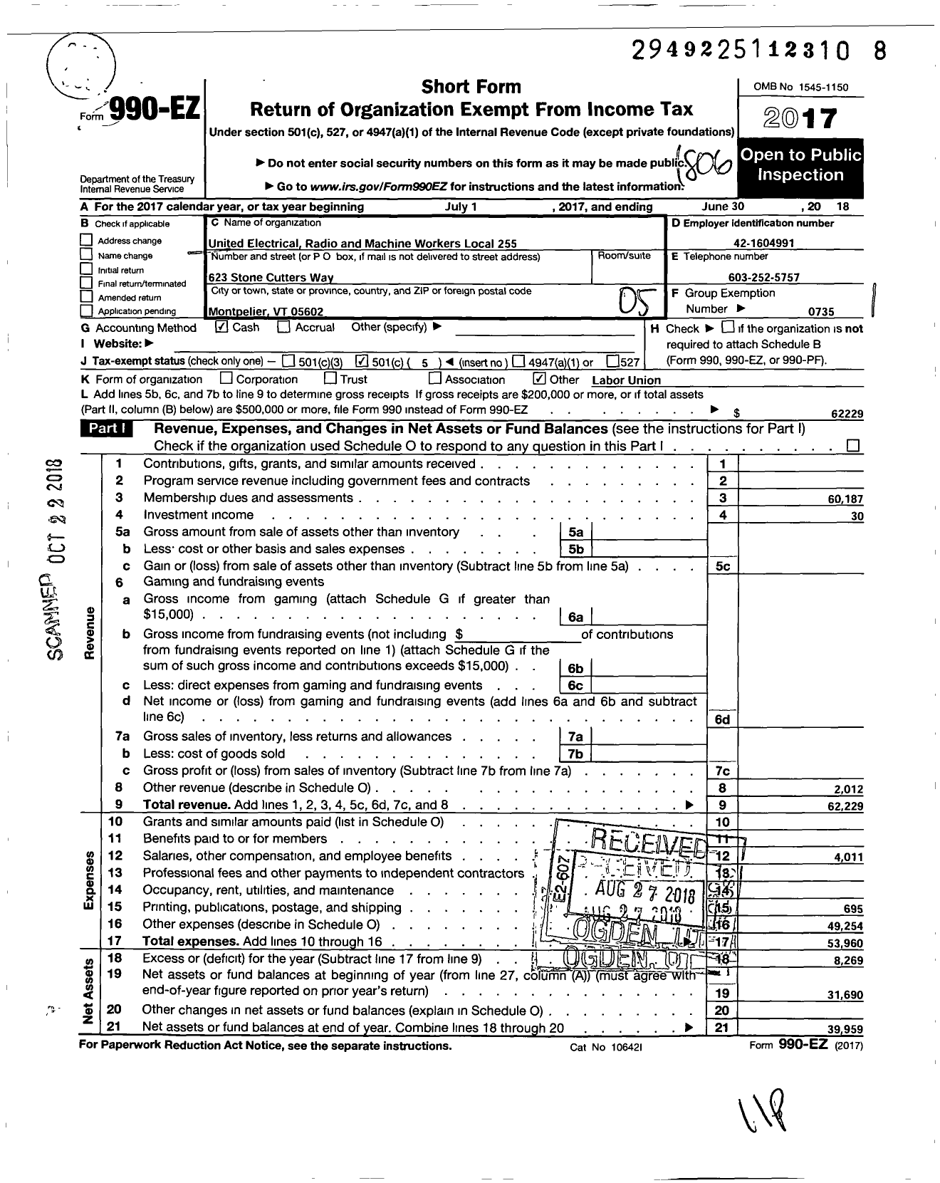 Image of first page of 2017 Form 990EO for UNITED Electrical RADIO and MACHINE Workers OF AMERICA - 255 Local