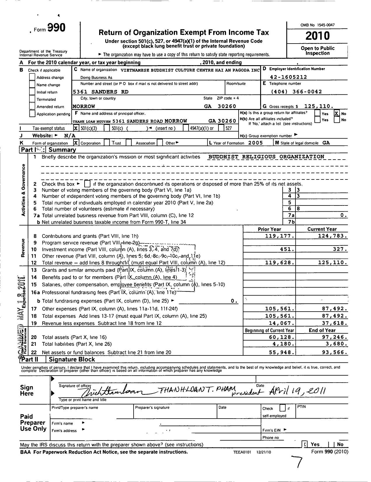 Image of first page of 2010 Form 990 for Vietnamese Buddhist Culture Centre Hai An Pagoda