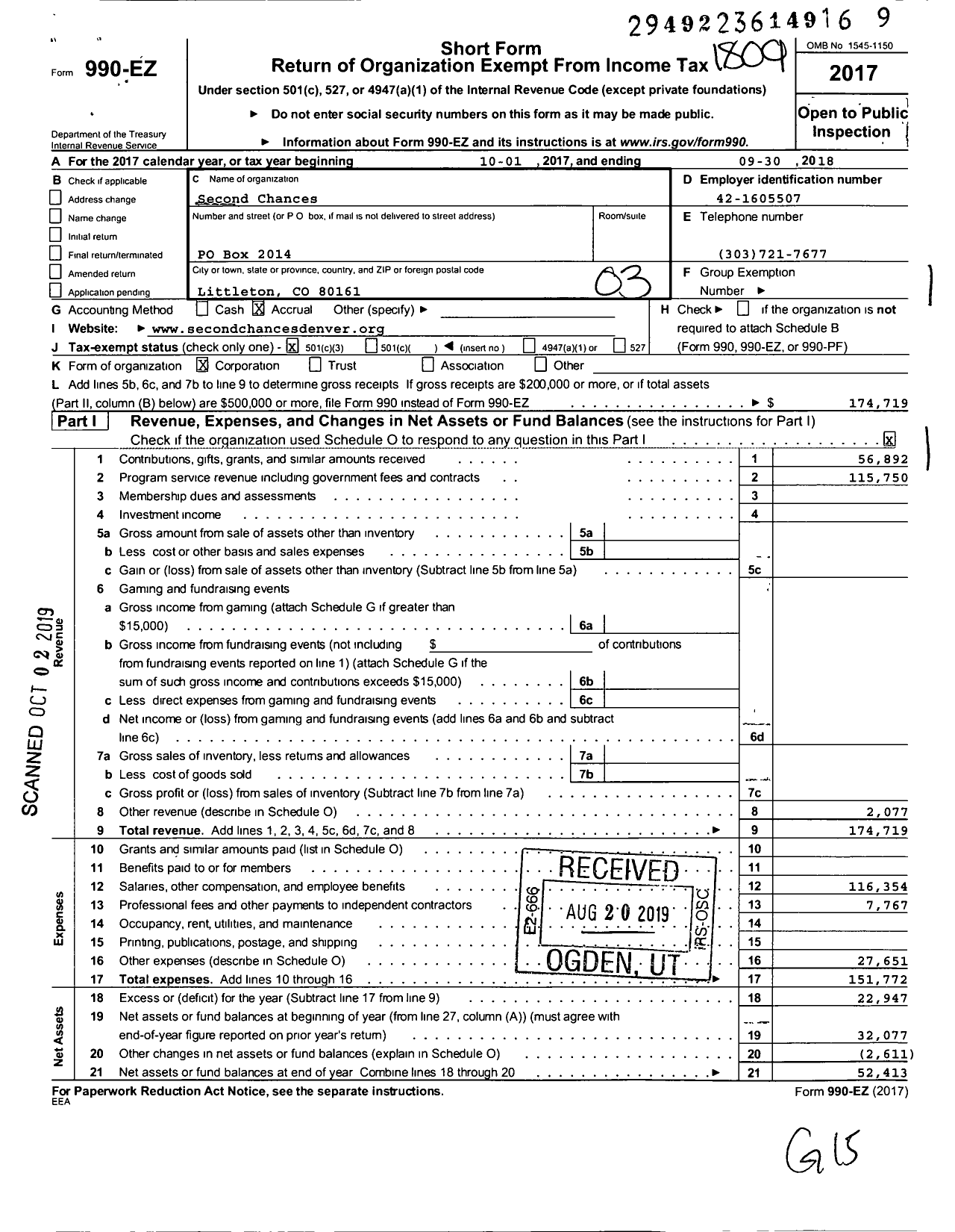 Image of first page of 2017 Form 990EZ for Second Chances