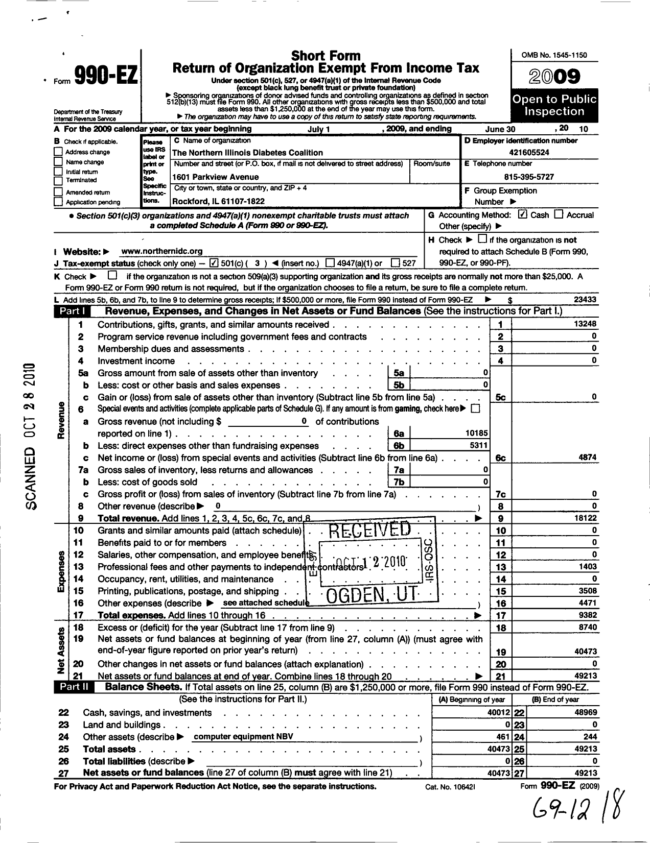 Image of first page of 2009 Form 990EZ for Northern Illinois Diabetes Coalition