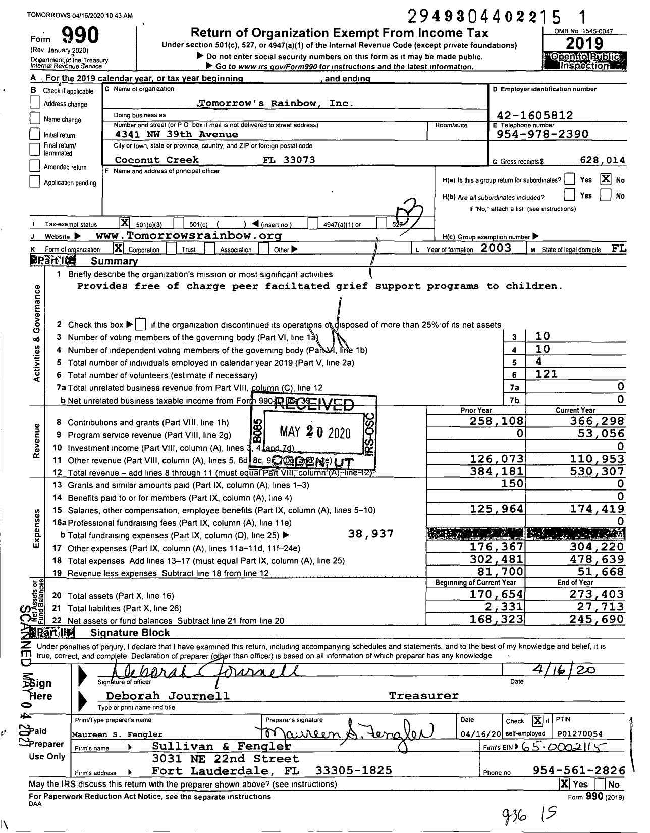 Image of first page of 2019 Form 990 for Tomorrow's Rainbow