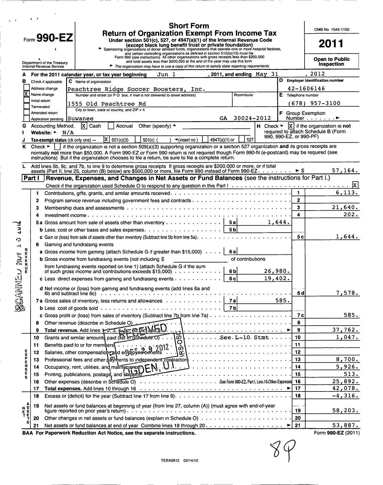 Image of first page of 2011 Form 990EZ for Peachtree Ridge Soccer Boosters