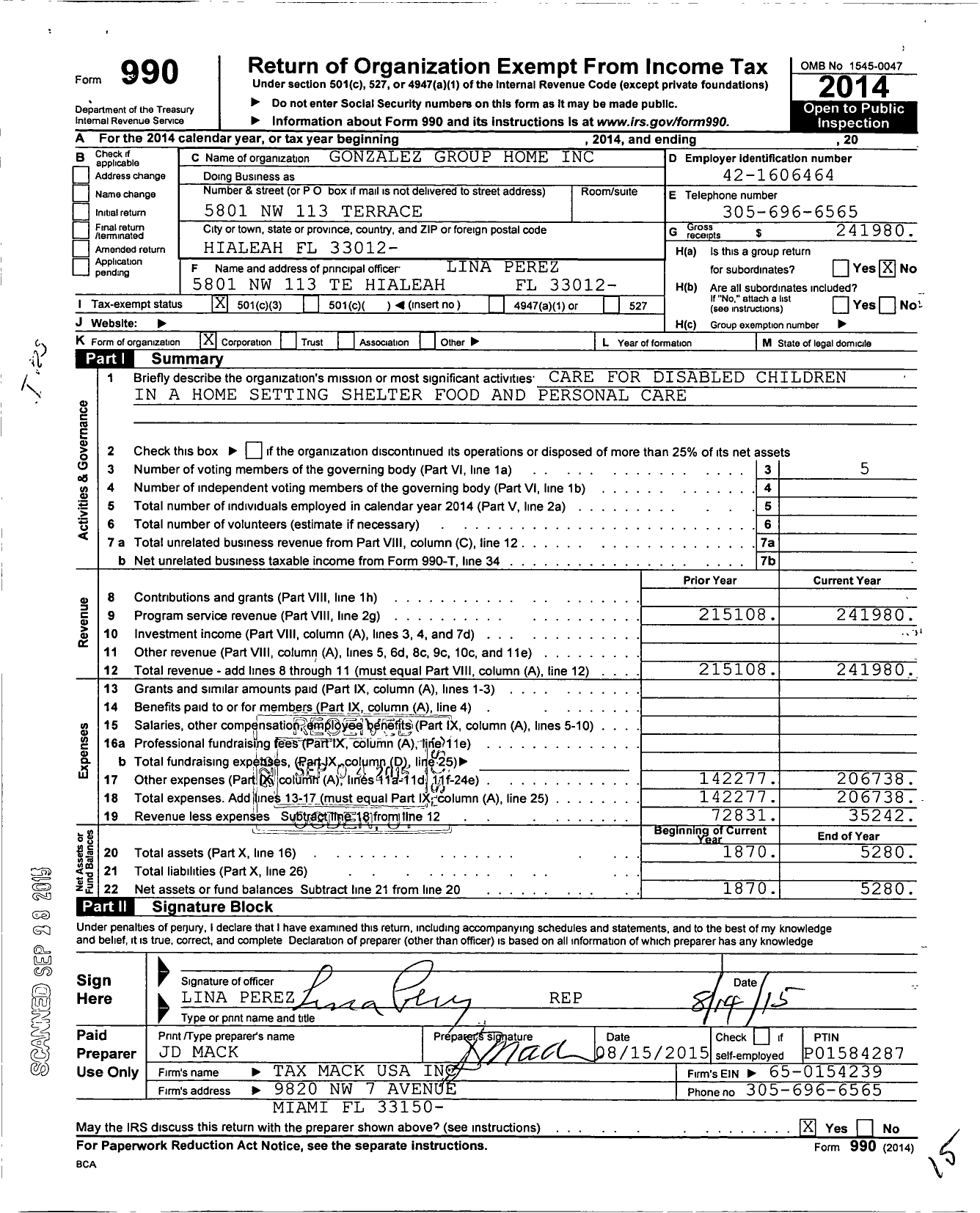 Image of first page of 2014 Form 990 for Gonzalez Group Home