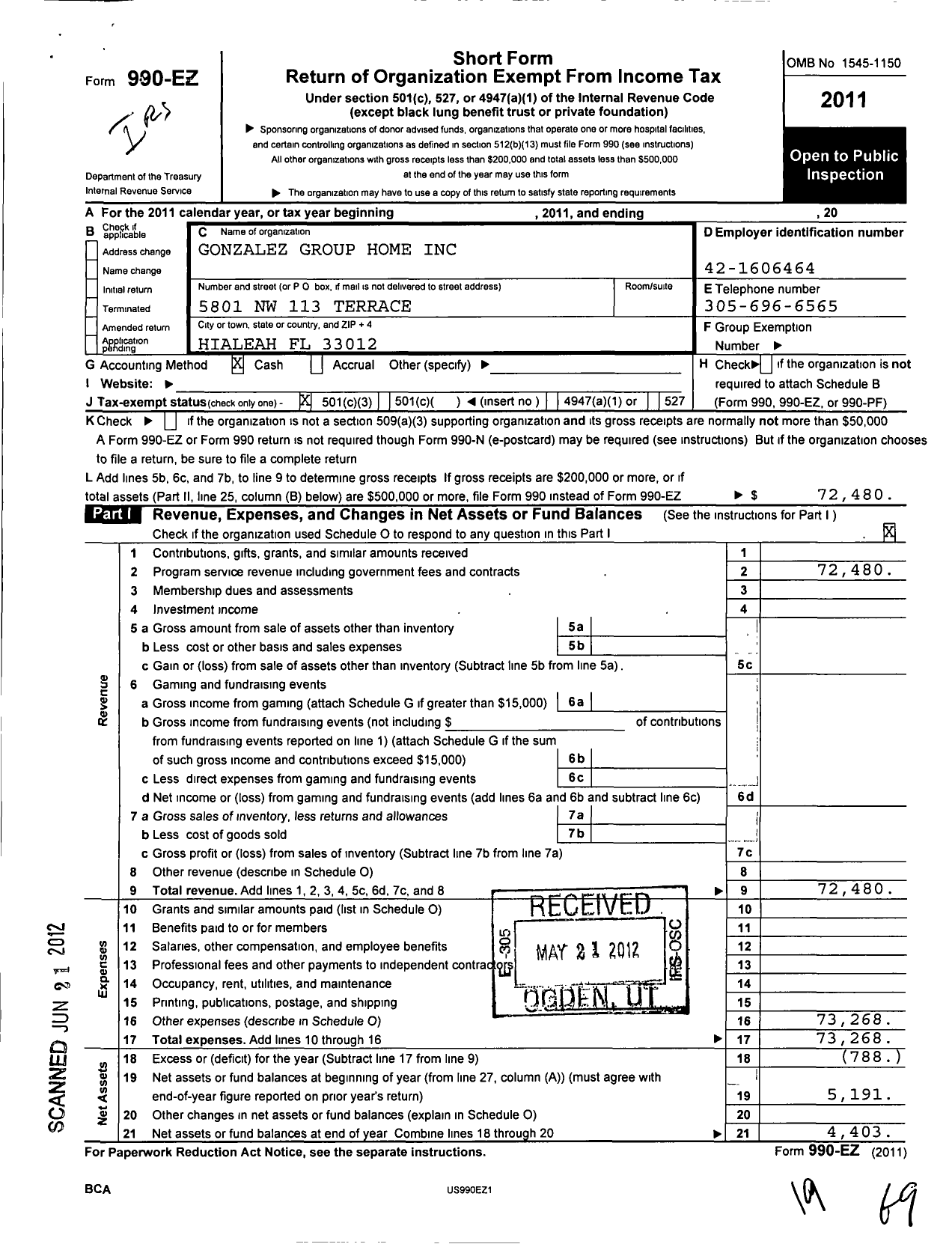 Image of first page of 2011 Form 990EZ for Gonzalez Group Home