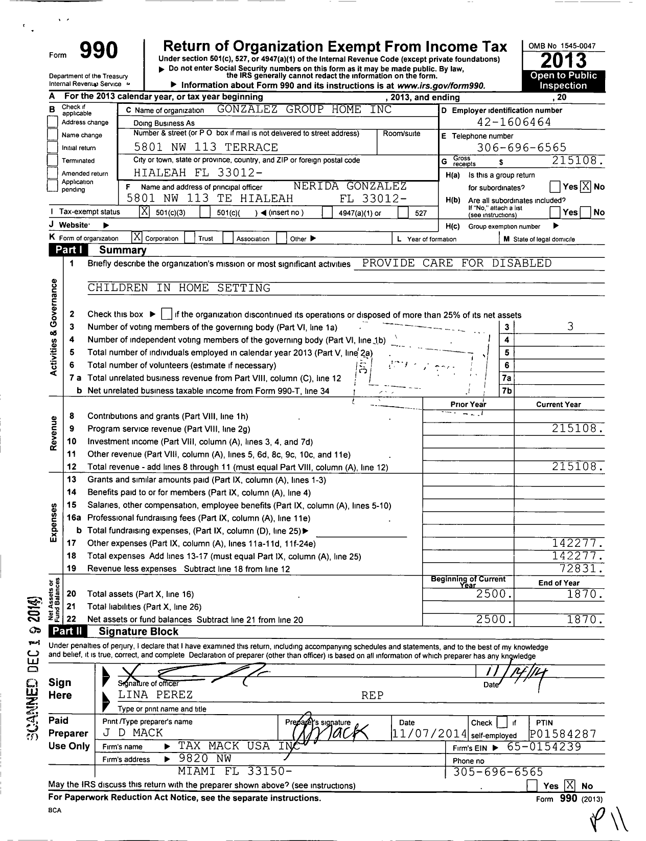 Image of first page of 2013 Form 990 for Gonzalez Group Home