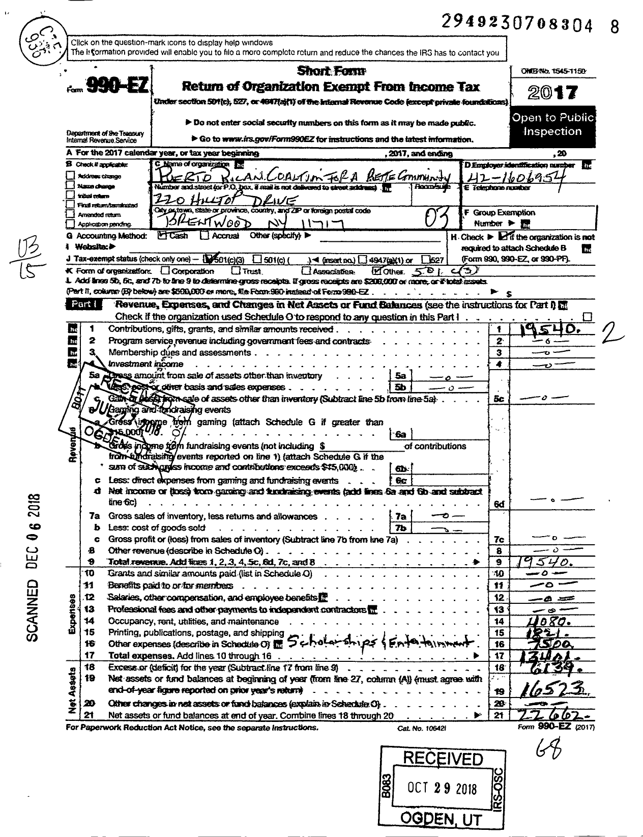 Image of first page of 2017 Form 990EZ for Puerto Rican Coalition for A Better Community