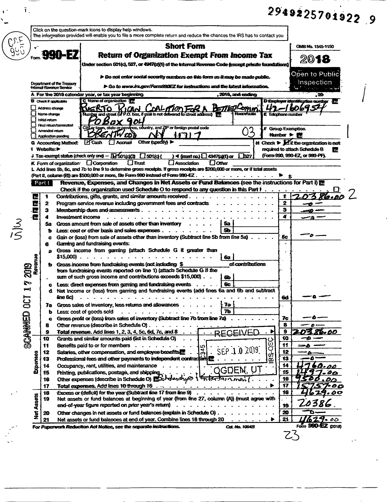 Image of first page of 2018 Form 990EZ for Puerto Rican Coalition for A Better Community