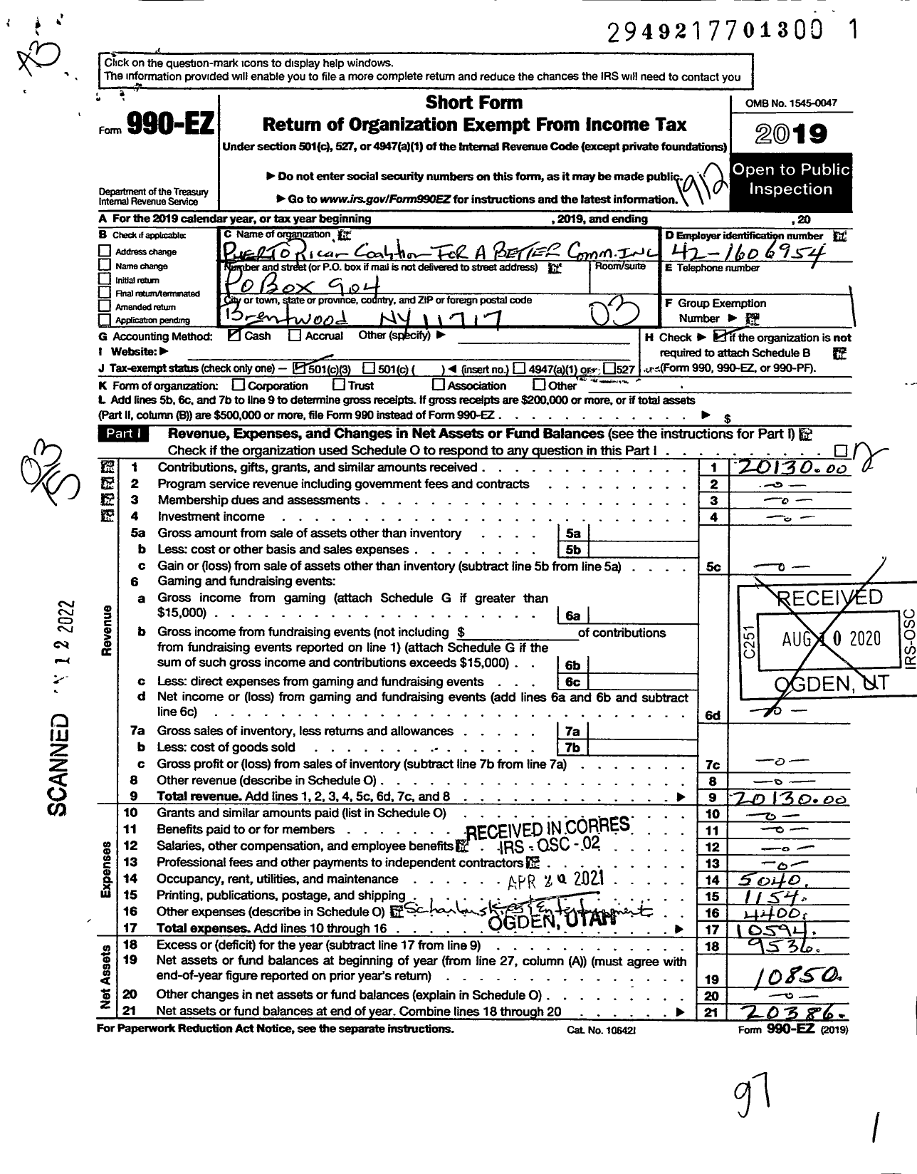 Image of first page of 2019 Form 990EZ for Puerto Rican Coalition for A Better Community