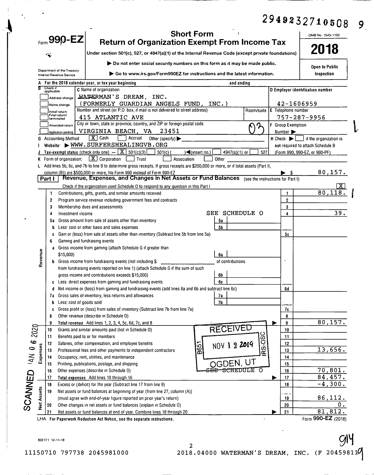 Image of first page of 2018 Form 990EZ for Watermans Dream