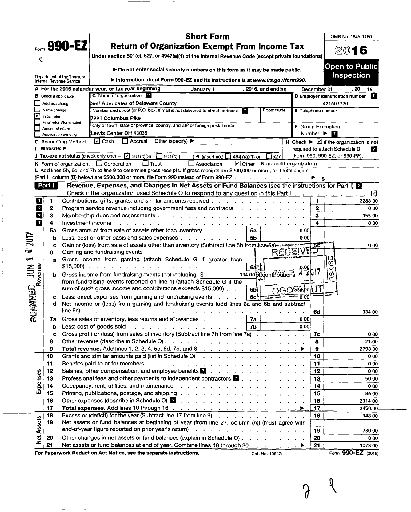 Image of first page of 2016 Form 990EZ for Self Advocates of Delaware County