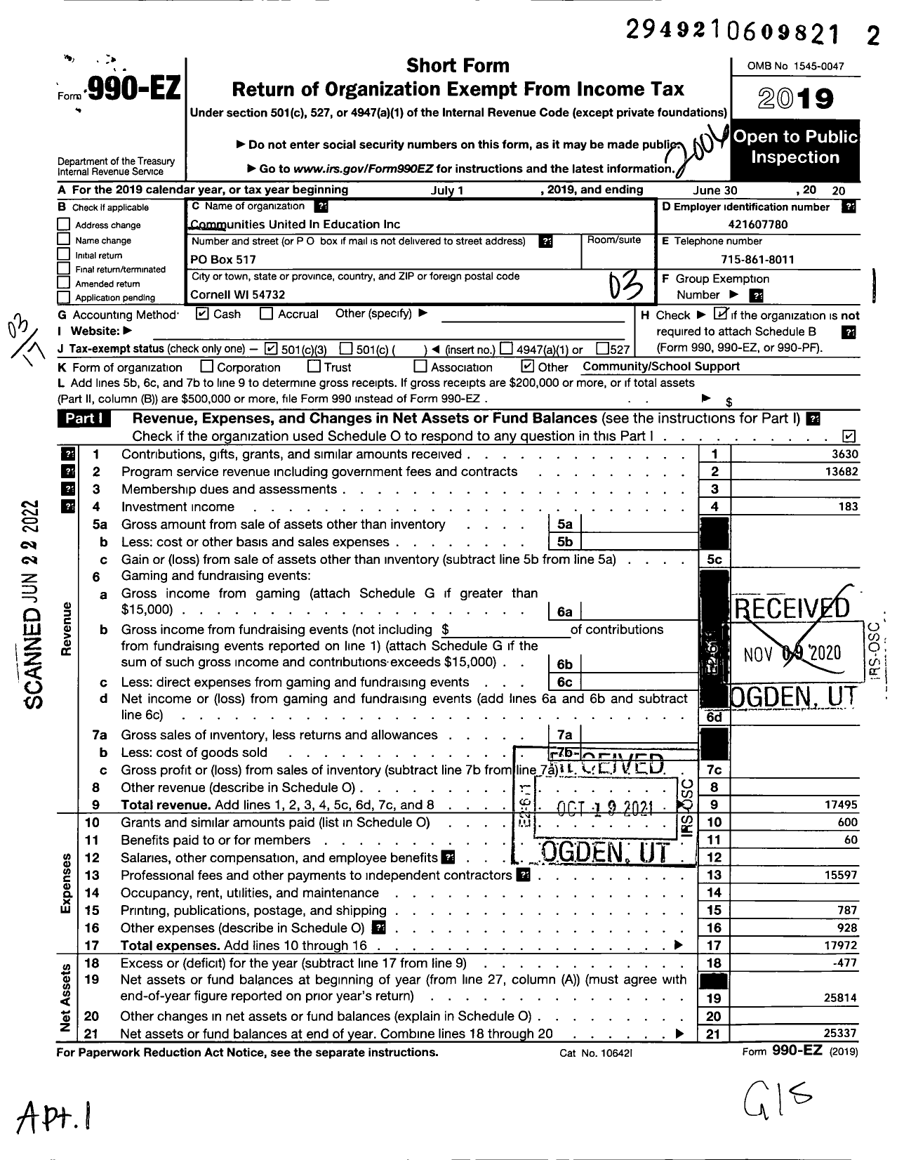 Image of first page of 2019 Form 990EZ for Communities United in Education