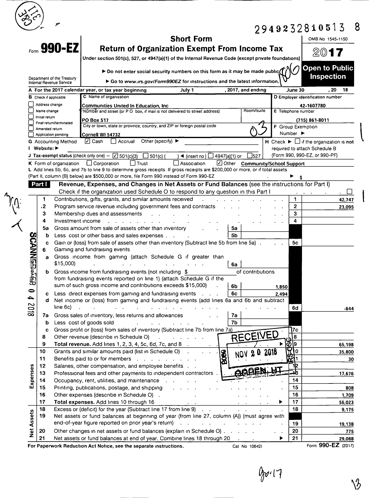 Image of first page of 2017 Form 990EZ for Communities United in Education