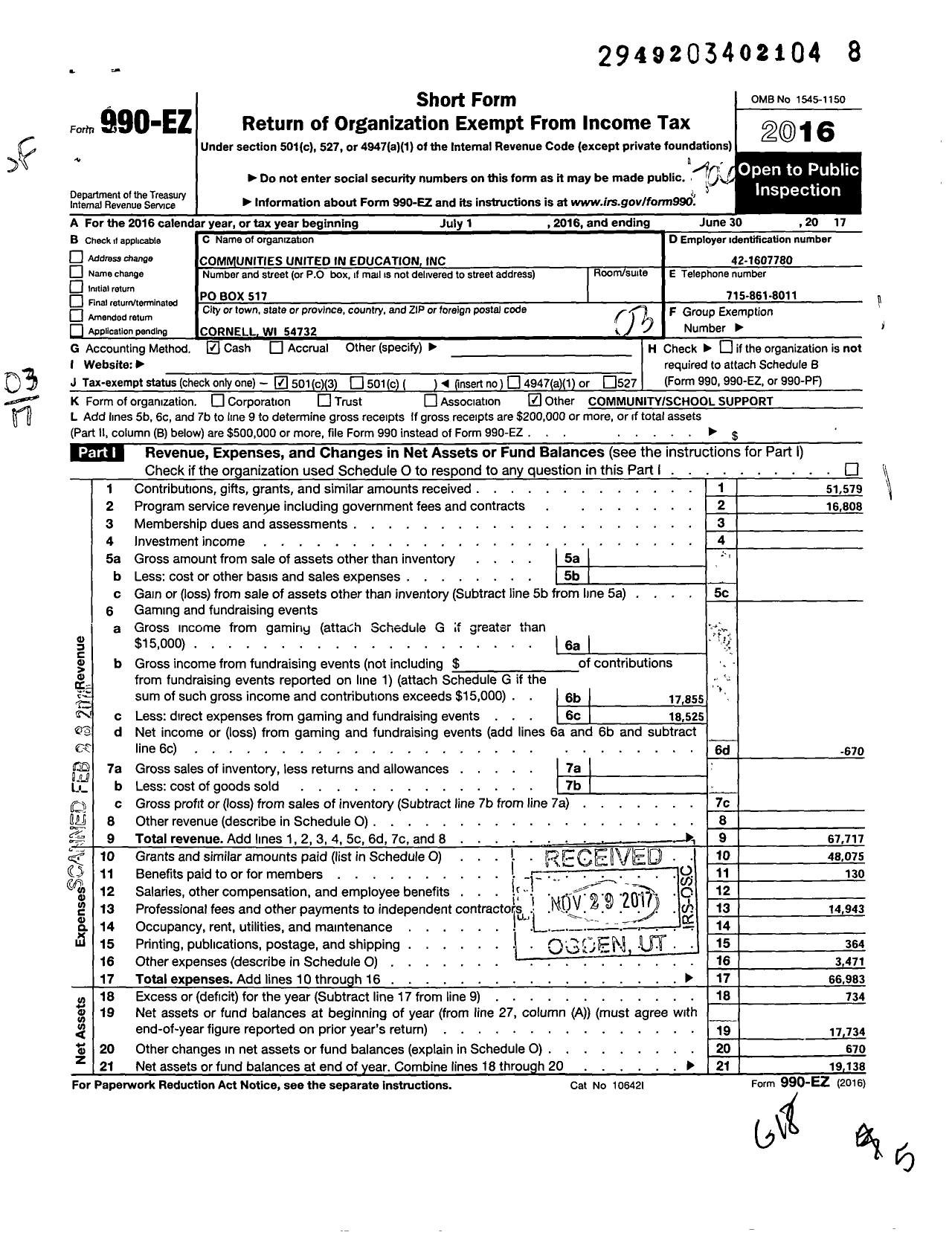 Image of first page of 2016 Form 990EZ for Communities United in Education