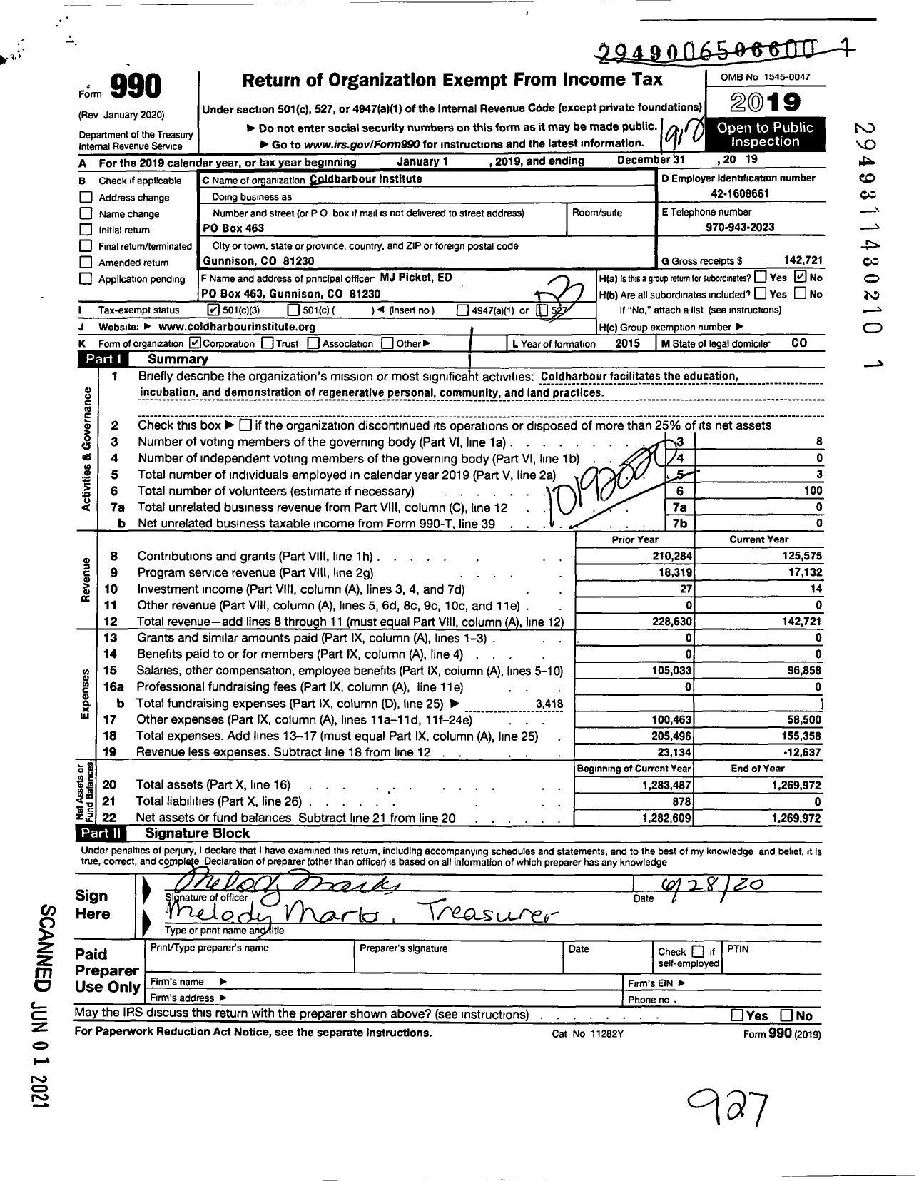 Image of first page of 2019 Form 990 for Coldharbour Institute